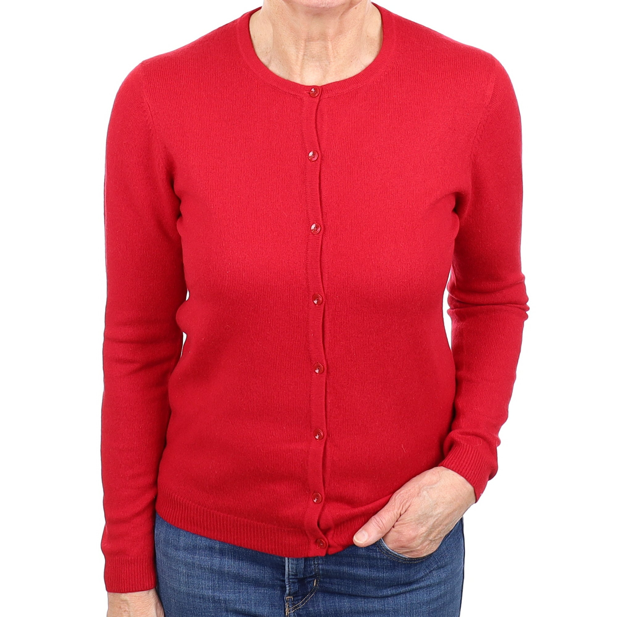 Post Box Red Cashmere Crew Neck Cardigan Medium