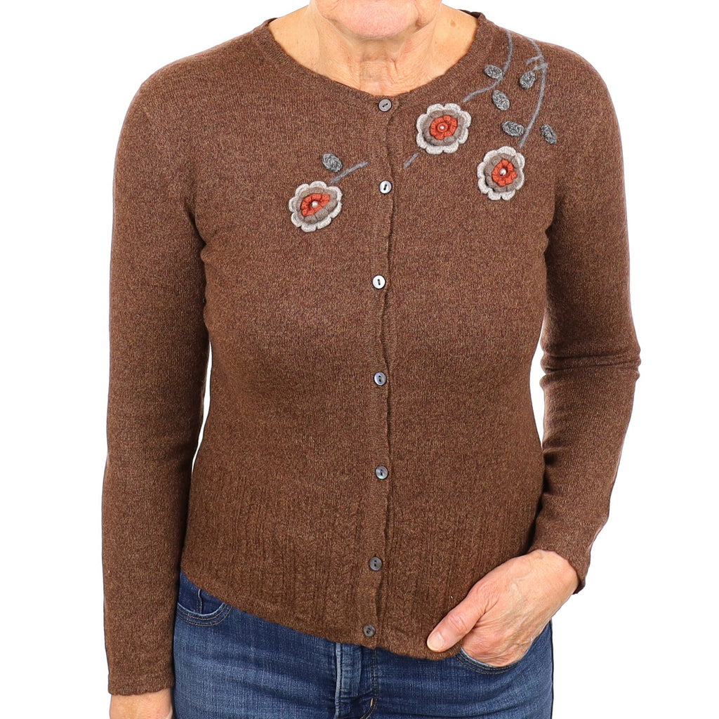 Chocolate Brown Floral Detail Cashmere Crew Neck Cardigan Medium
