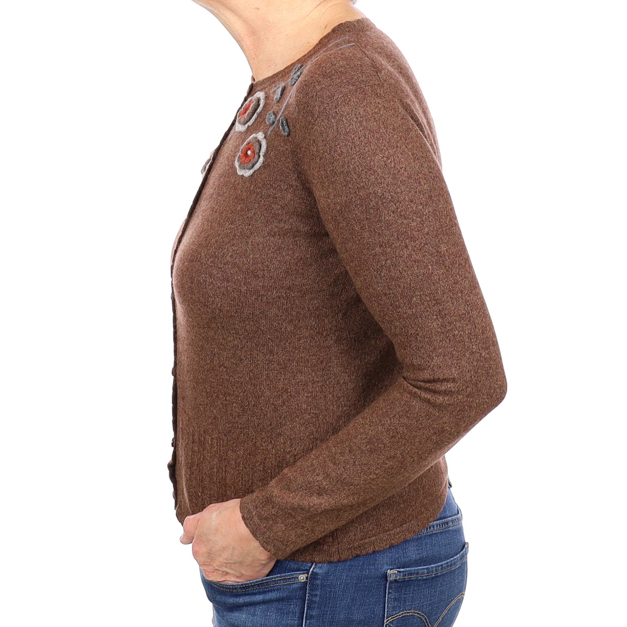 Chocolate Brown Floral Detail Cashmere Crew Neck Cardigan Medium