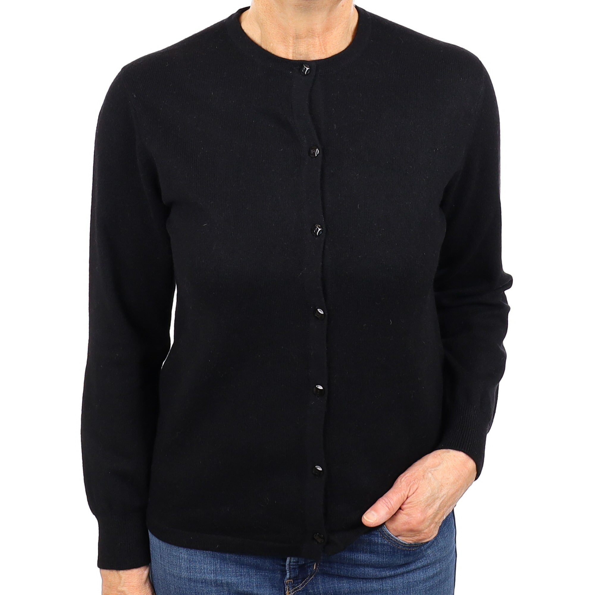 Black Cashmere Crew Neck Cardigan Medium