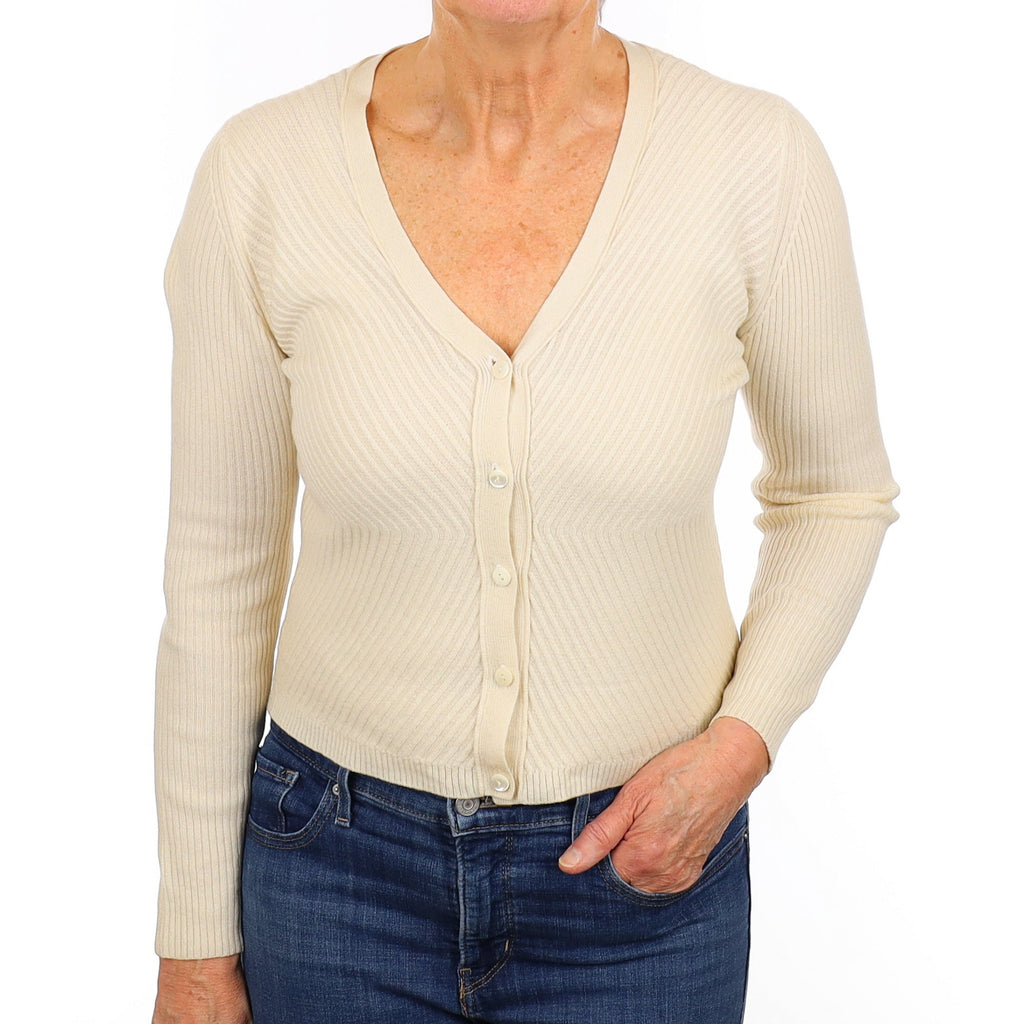 Vanilla Cream Rib Cashmere V Neck Cardigan Medium
