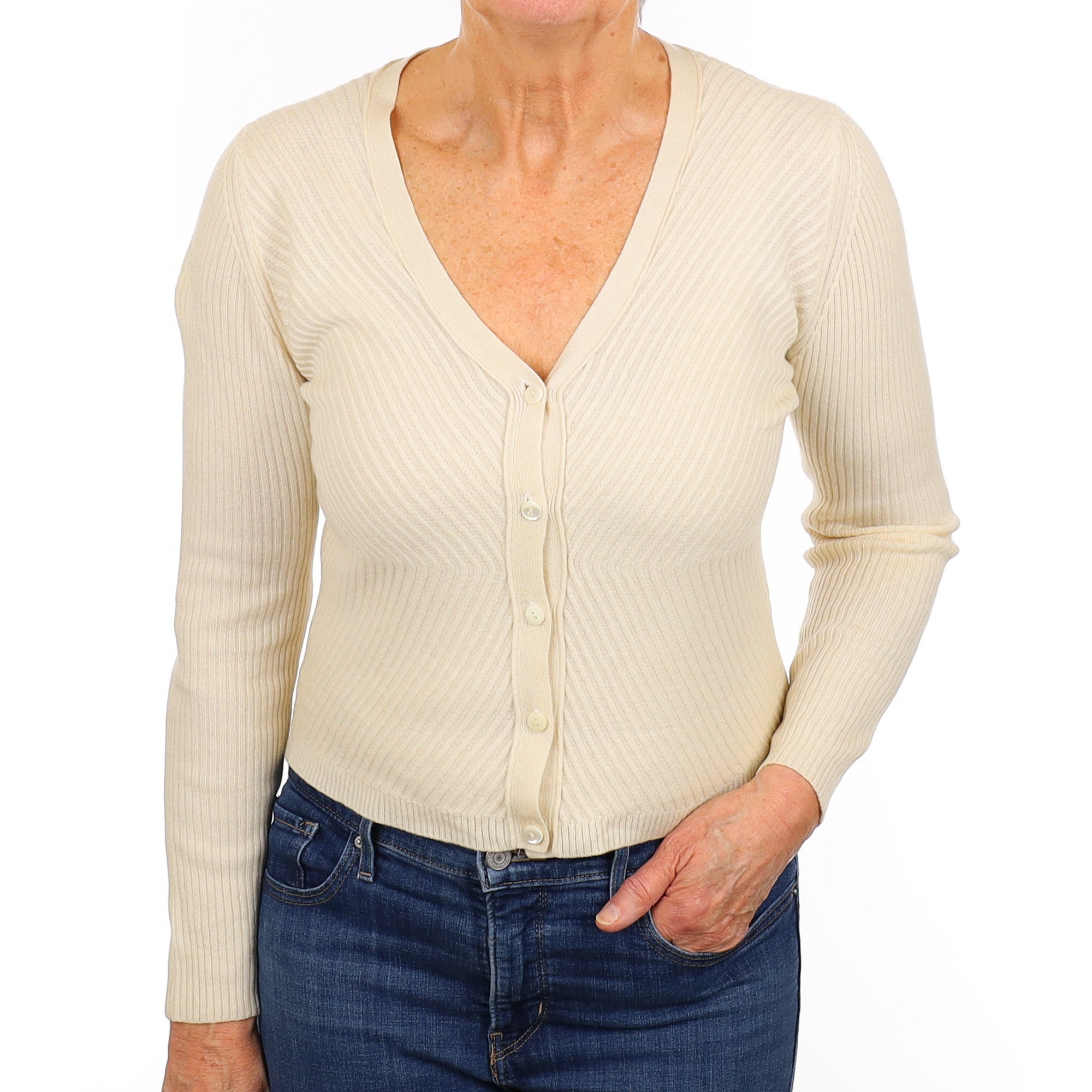 Vanilla Cream Rib Cashmere V Neck Cardigan Medium