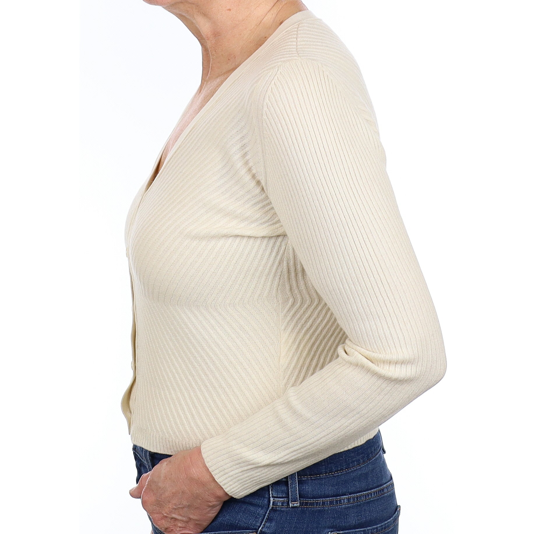 Vanilla Cream Rib Cashmere V Neck Cardigan Medium