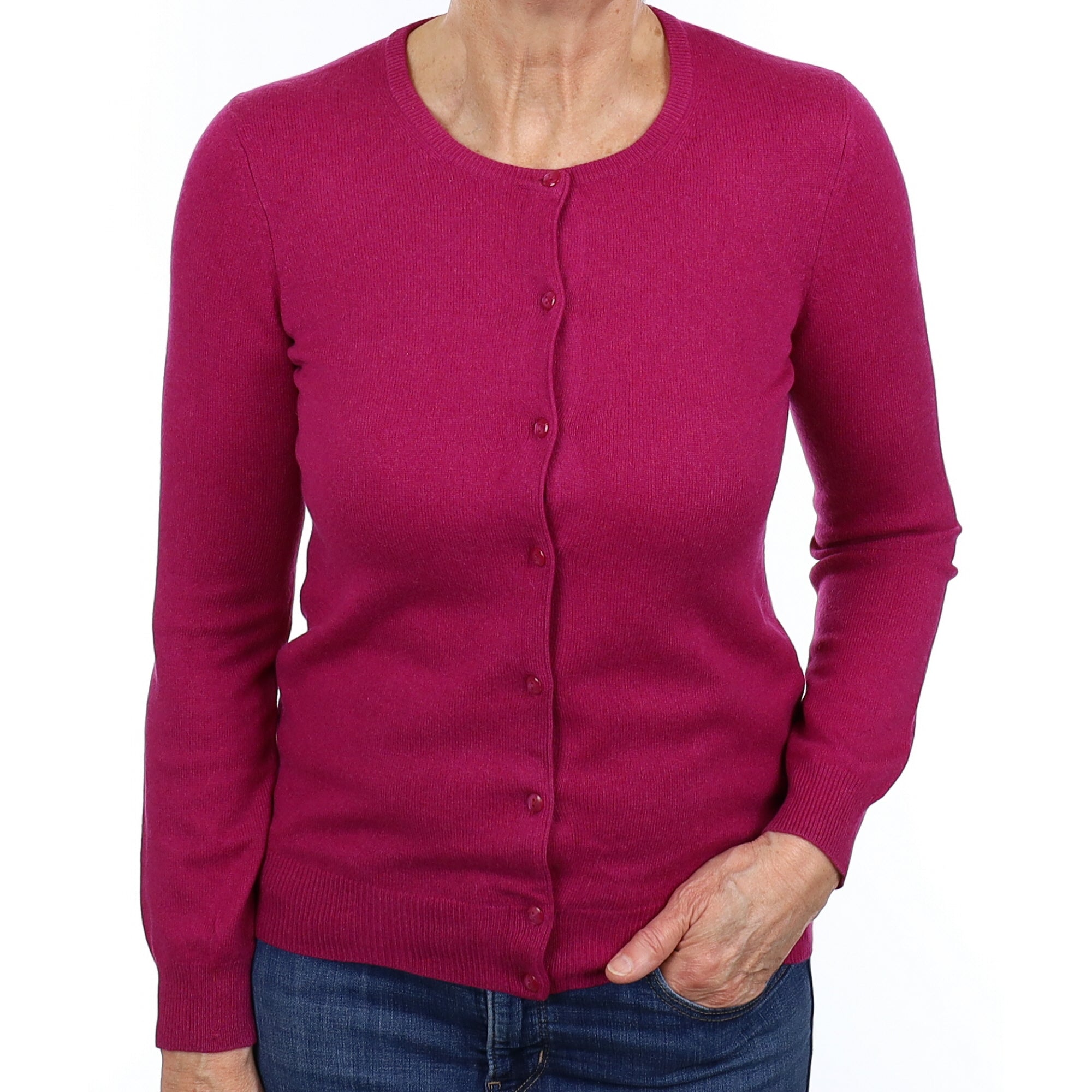 Fuchsia Purple Cashmere Crew Neck Cardigan Medium