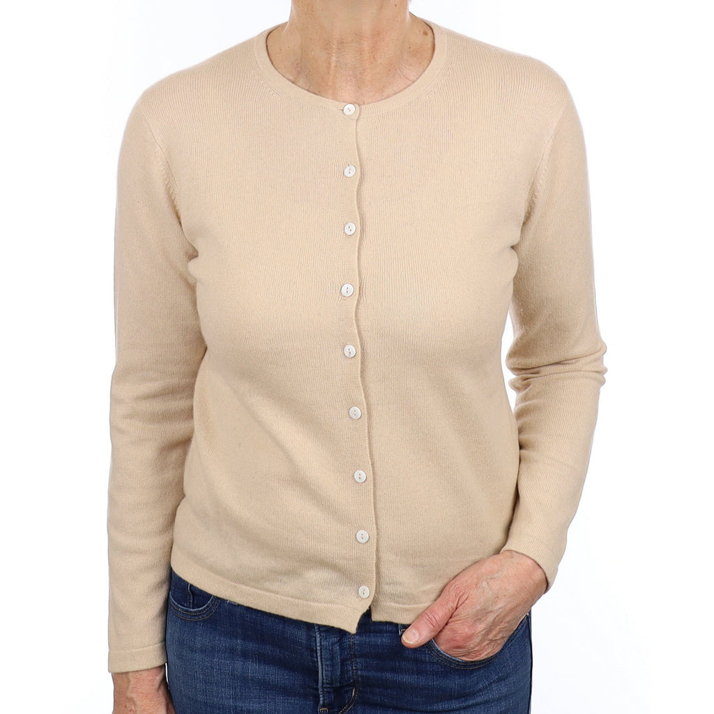 Sand Beige Cashmere Crew Neck Cardigan Medium