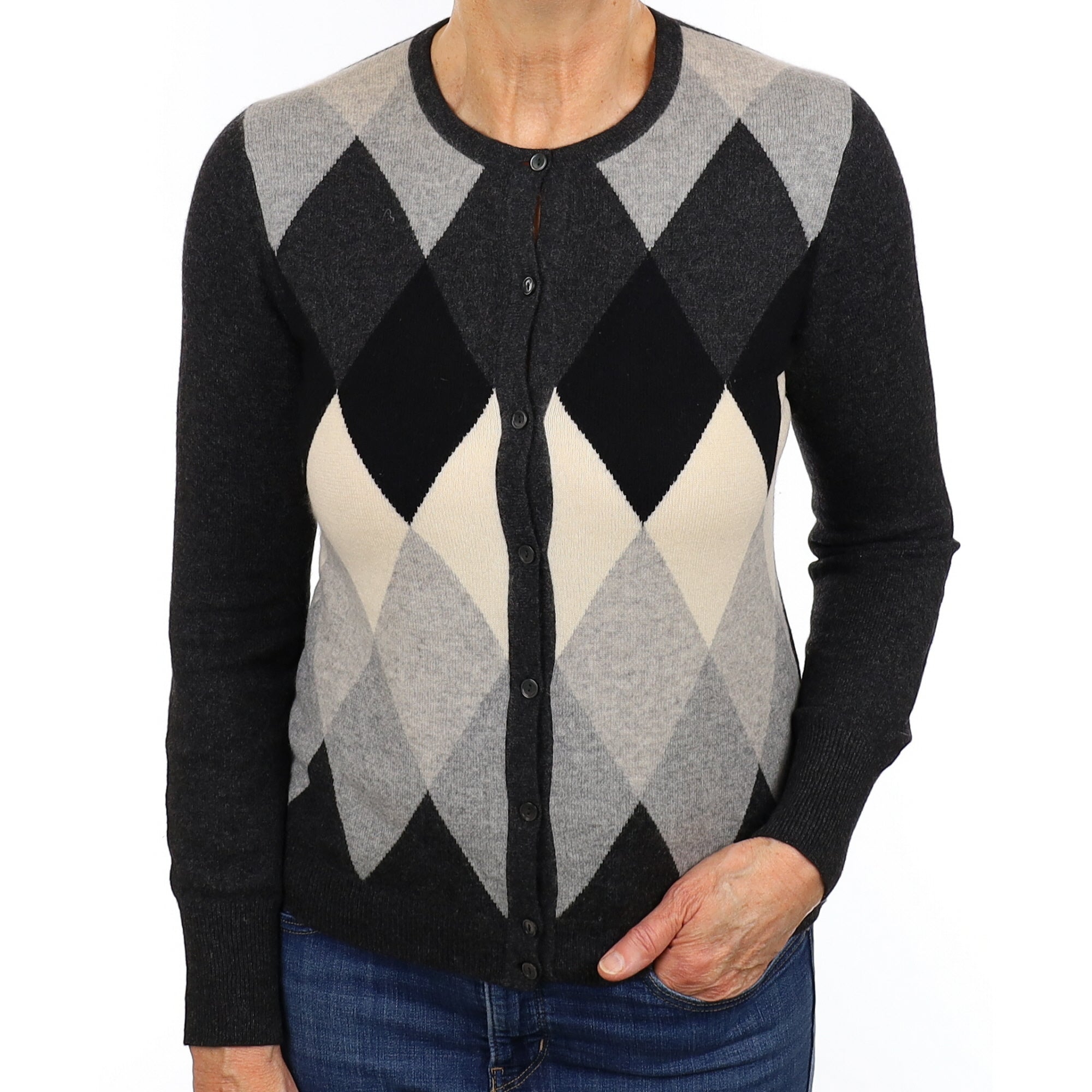 Grey Diamond Pattern Cashmere Crew Neck Cardigan Medium