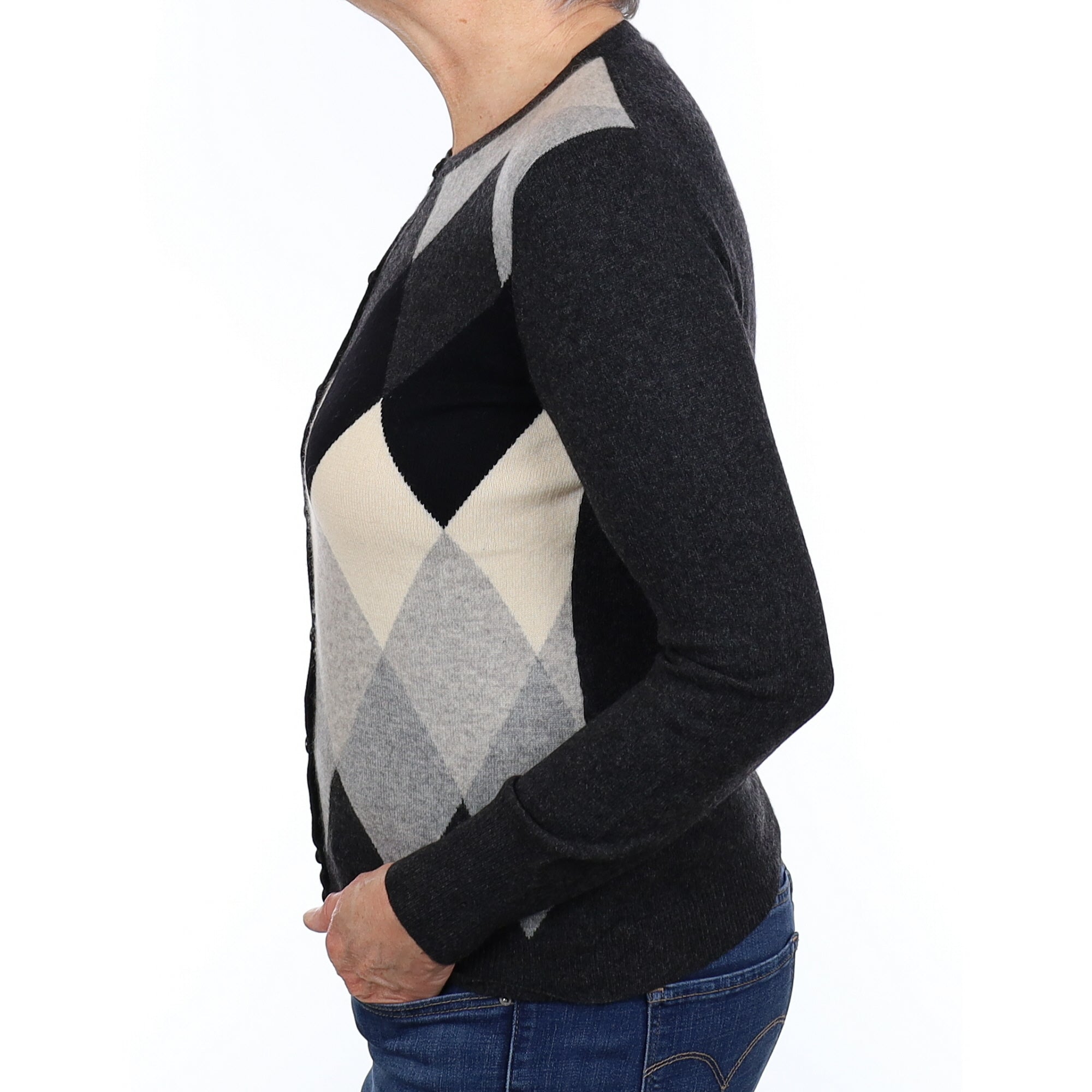 Grey Diamond Pattern Cashmere Crew Neck Cardigan Medium