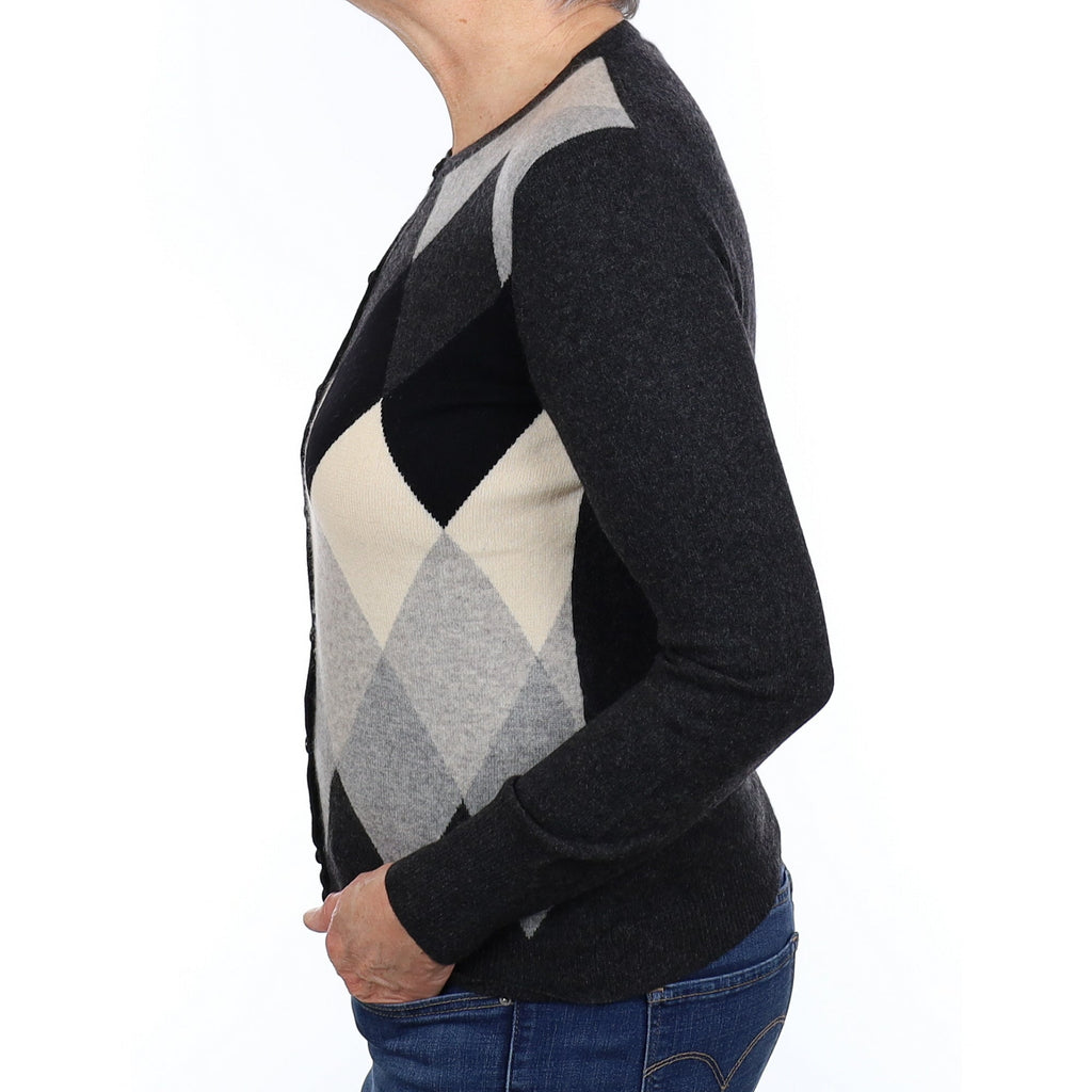 Grey Diamond Pattern Cashmere Crew Neck Cardigan Medium