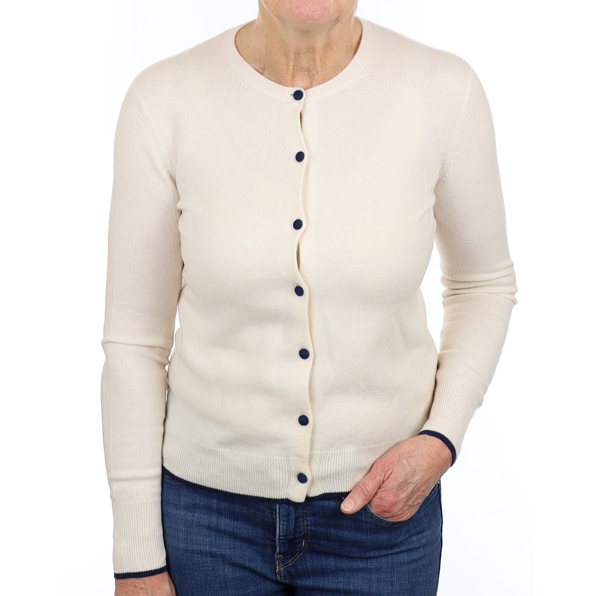 Vanilla Cream and Navy Cashmere Cardigan Medium