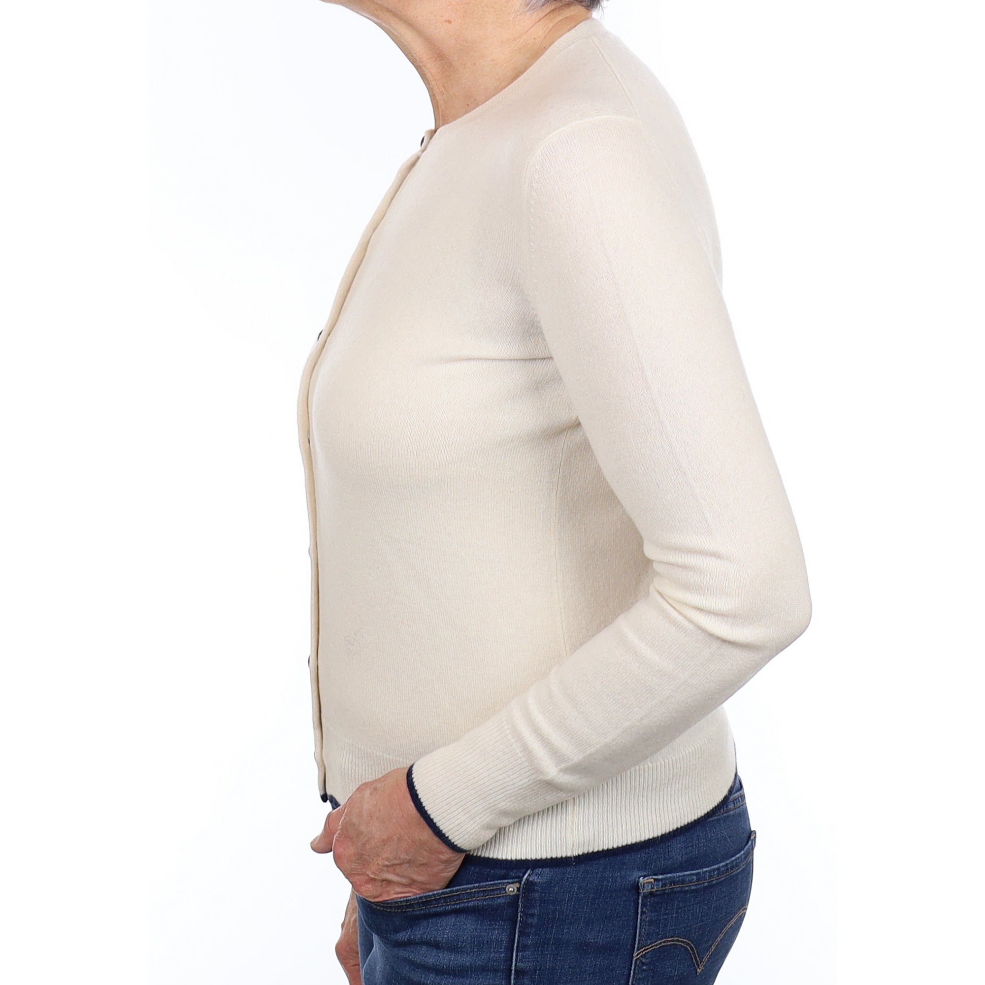 Vanilla Cream and Navy Cashmere Cardigan Medium