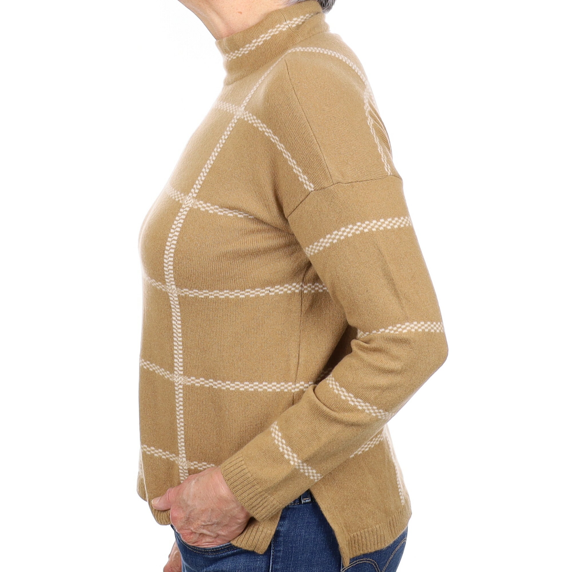 Caramel and Cream Check Cashmere Turtleneck Jumper Medium