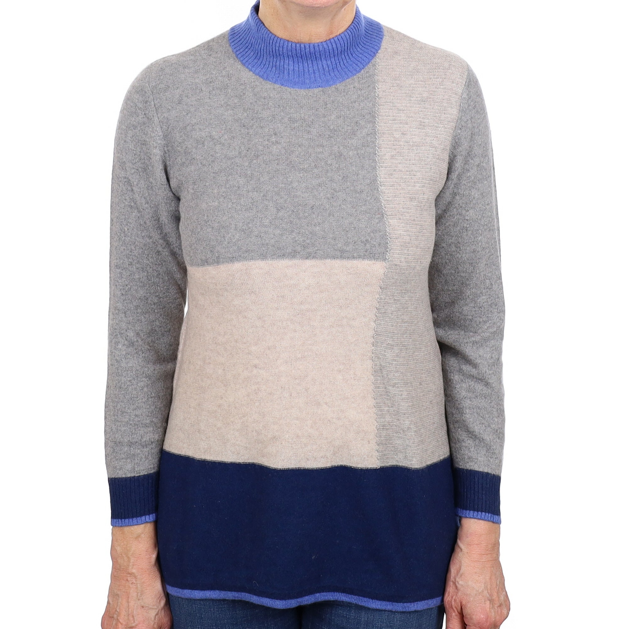 Grey and Blue Colour Block Cashmere Turtleneck Jumper Medium