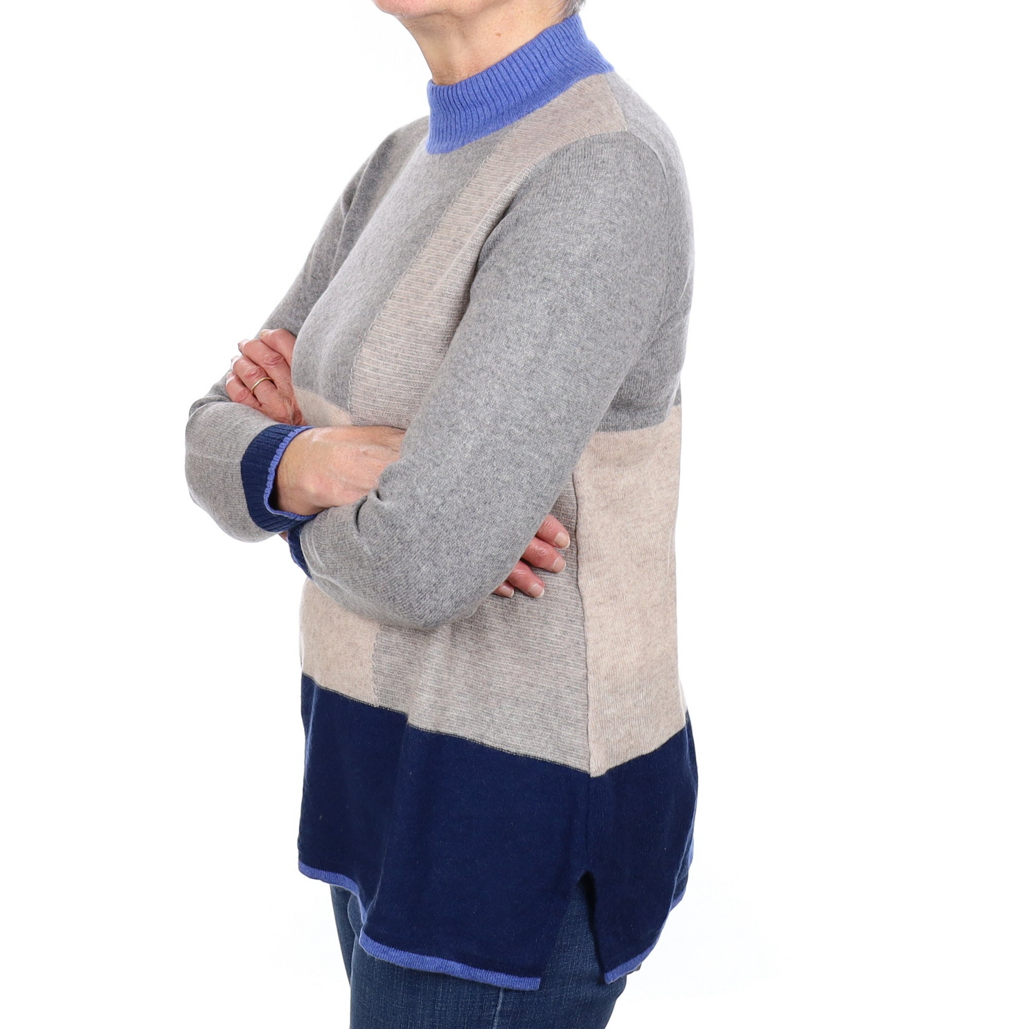 Grey and Blue Colour Block Cashmere Turtleneck Jumper Medium