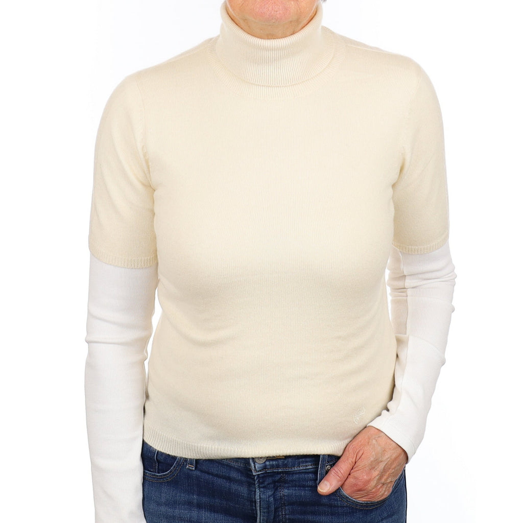 Ivory Cashmere Short Sleeve Polo Neck Jumper Medium