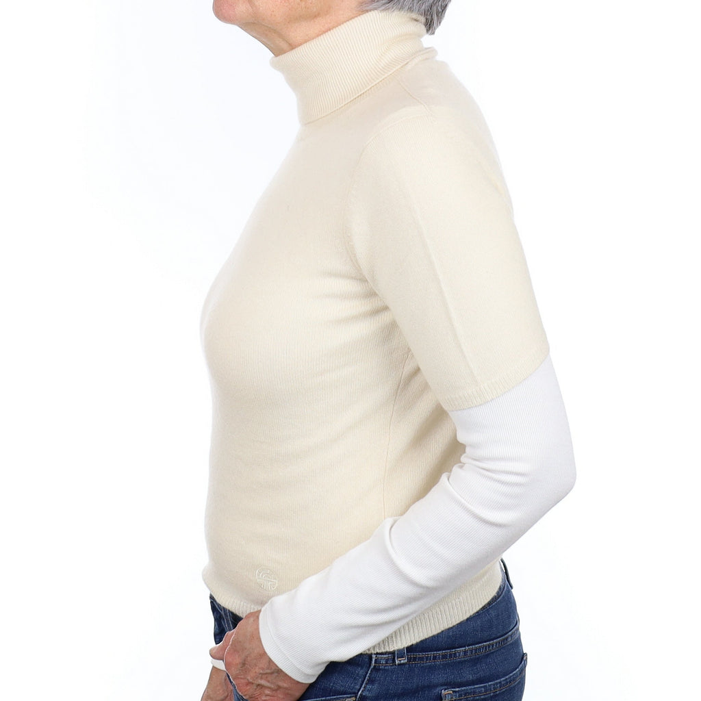 Ivory Cashmere Short Sleeve Polo Neck Jumper Medium