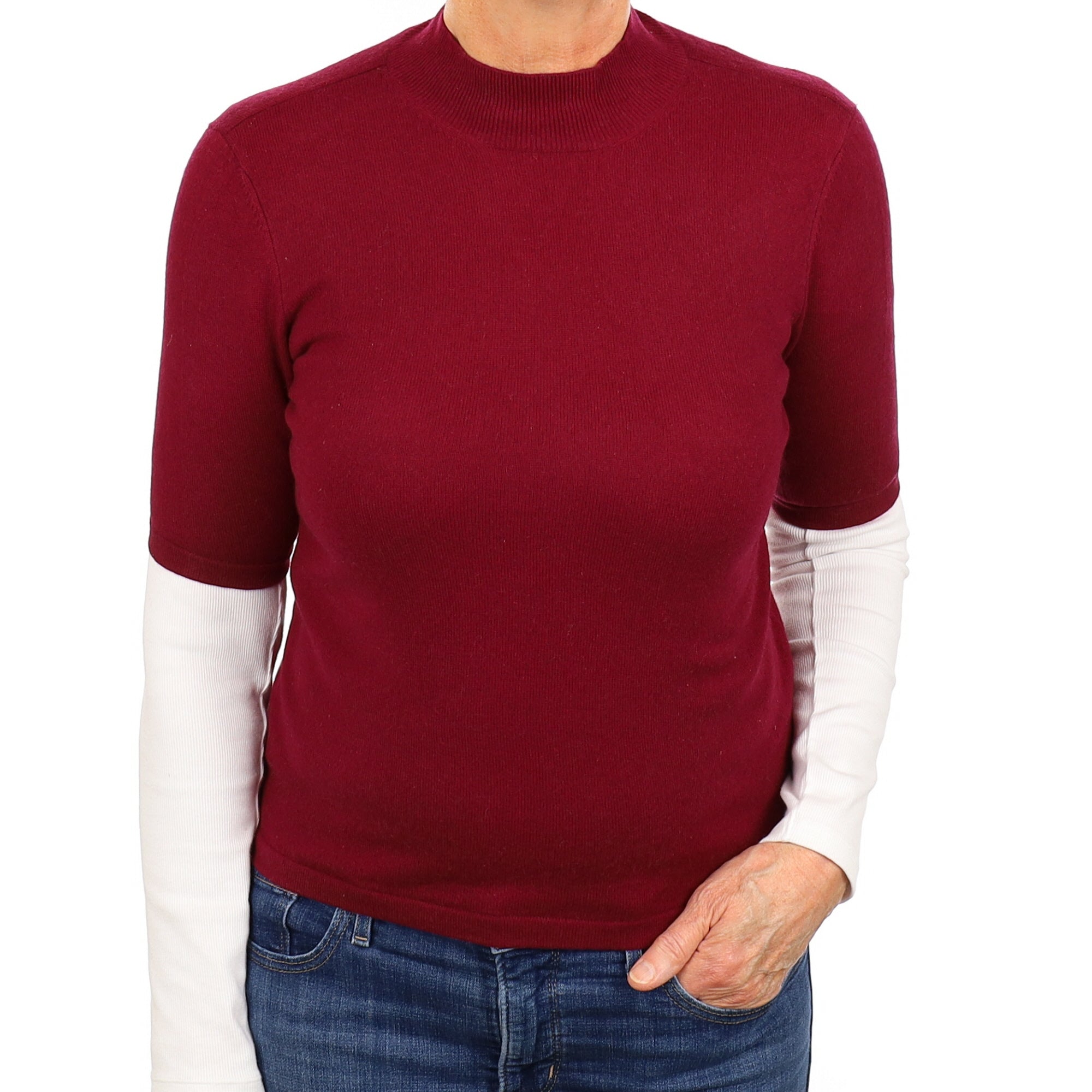 Wine Red Cashmere Short Sleeve Turtle Neck Jumper Medium