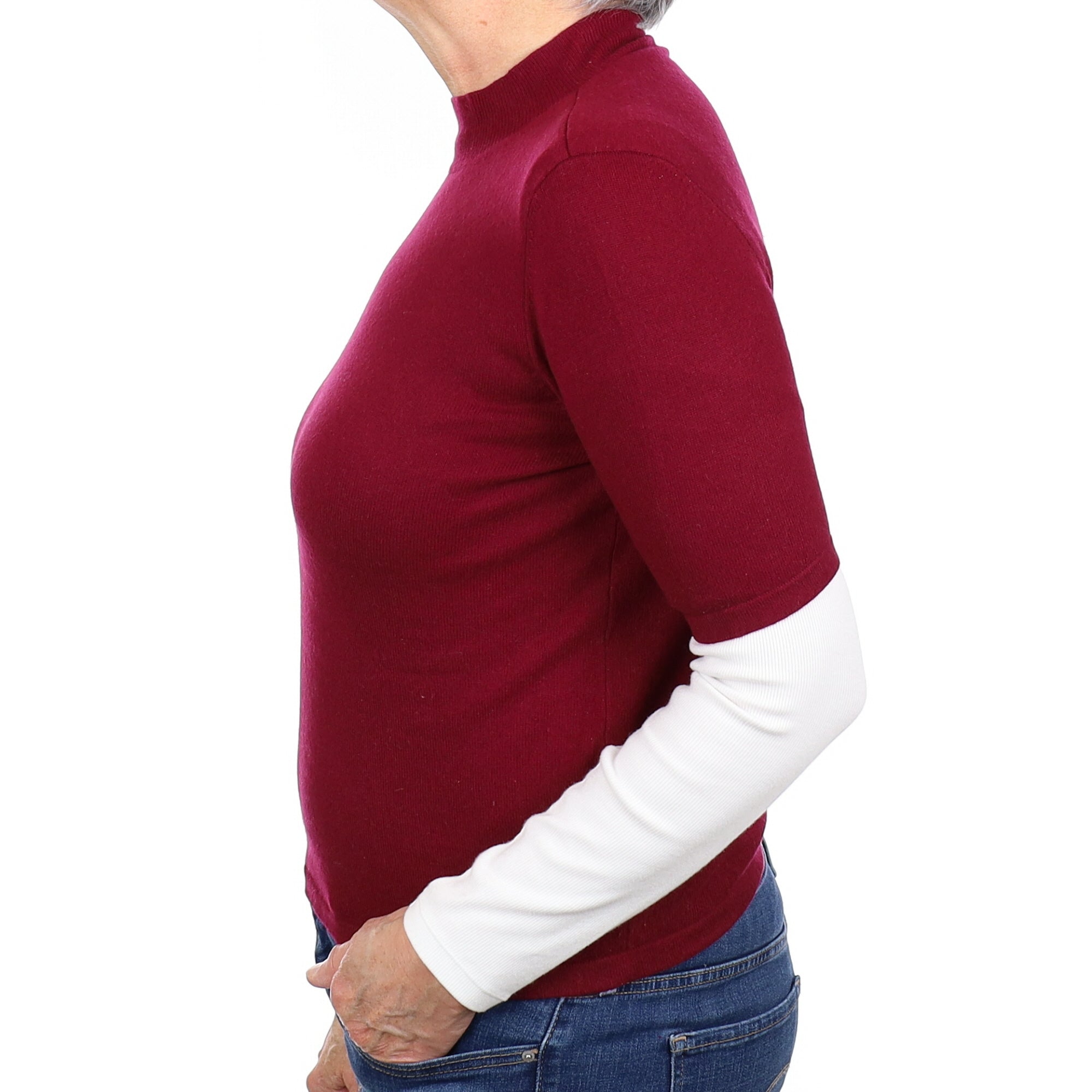 Wine Red Cashmere Short Sleeve Turtle Neck Jumper Medium