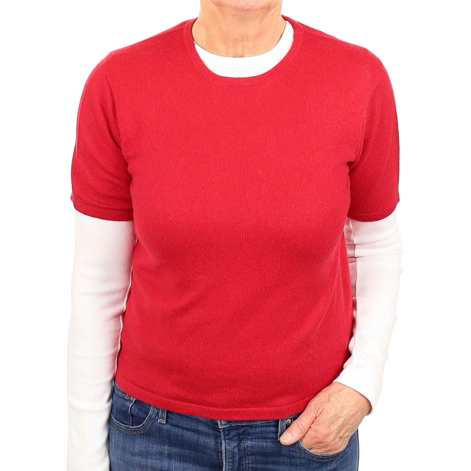 Strawberry Red Cashmere Short Sleeve Crew Neck Jumper Medium
