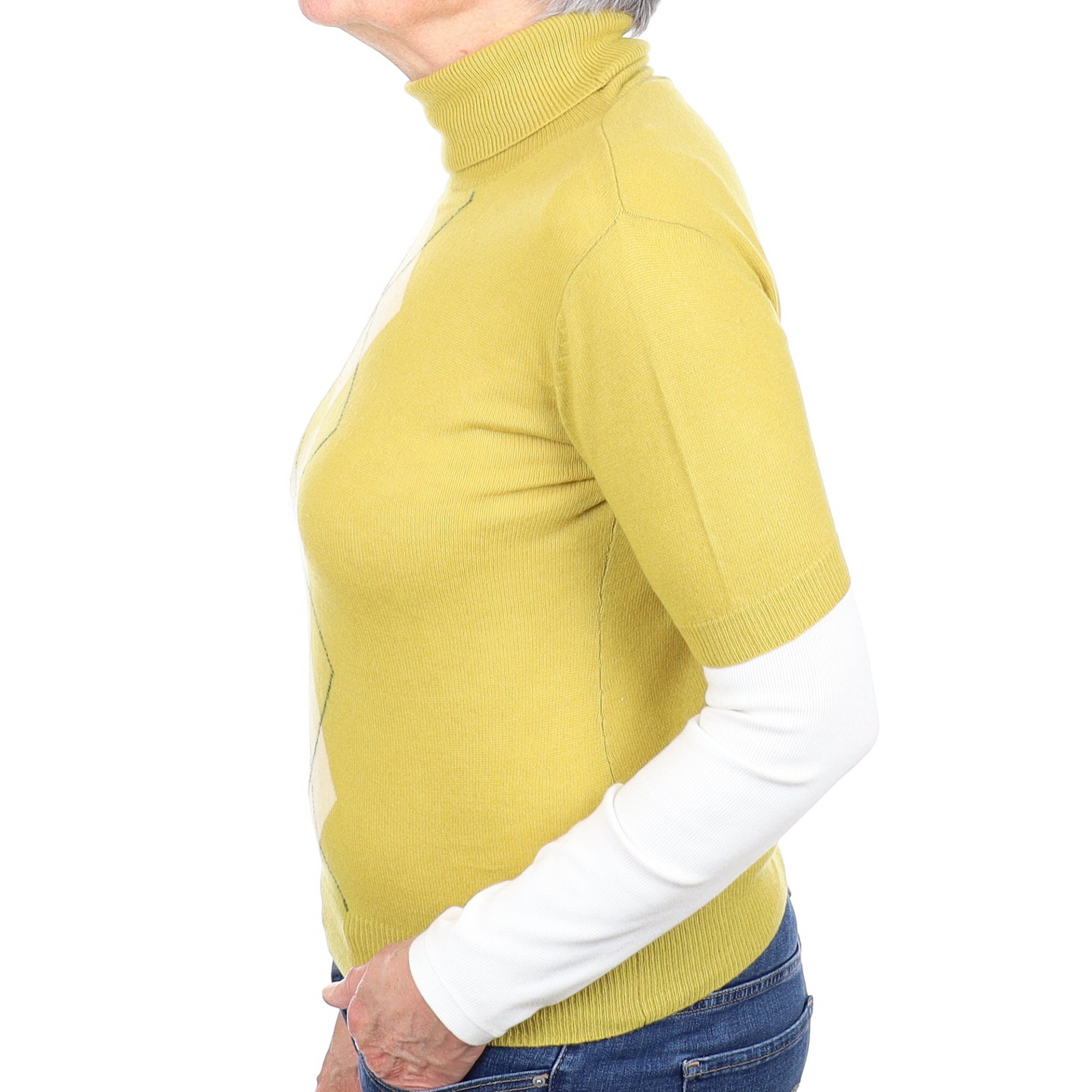 Lichen Yellow Diamond Cashmere Short Sleeve Polo Neck Jumper Medium