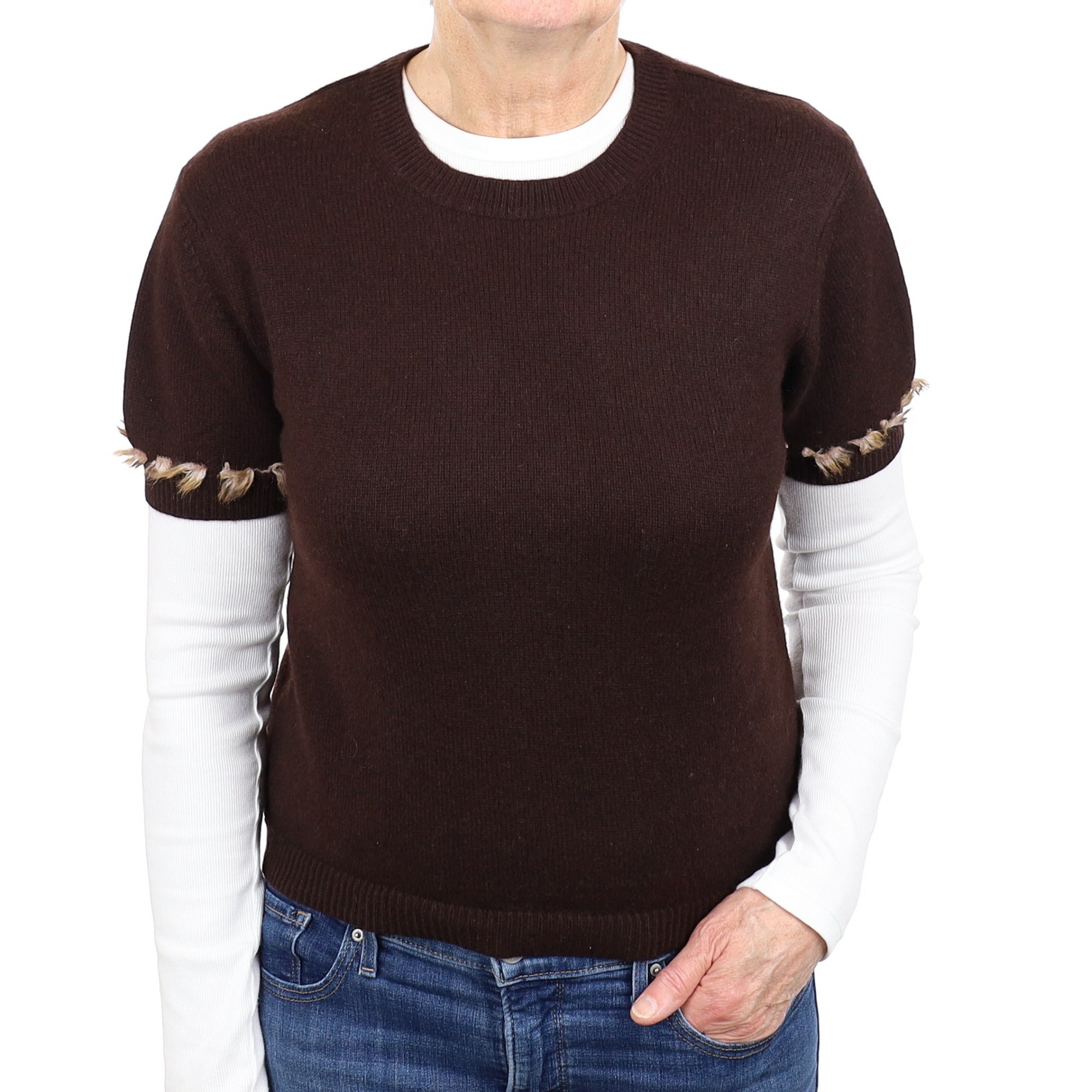 Chocolate Brown Cashmere Tassel Edged Short Sleeve Crew Neck Jumper Medium