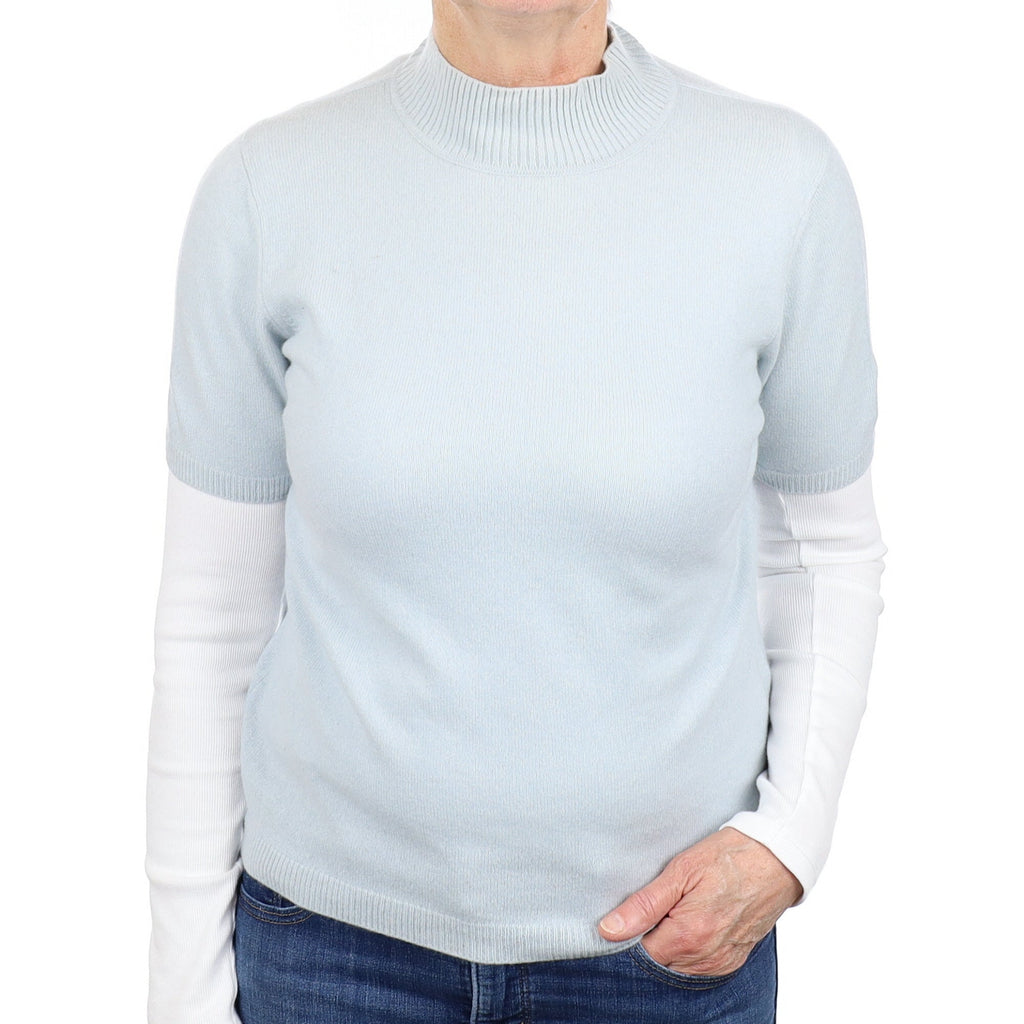 Opal Blue Cashmere Short Sleeve Turtle Neck Jumper Medium