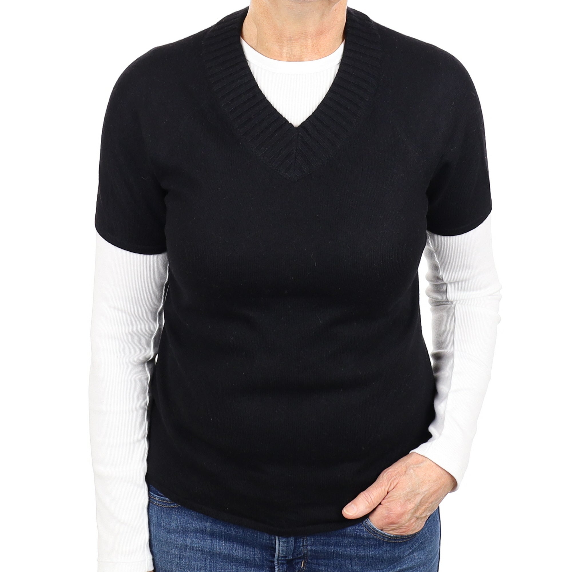 Black Cashmere Short Sleeve V Neck Jumper Medium