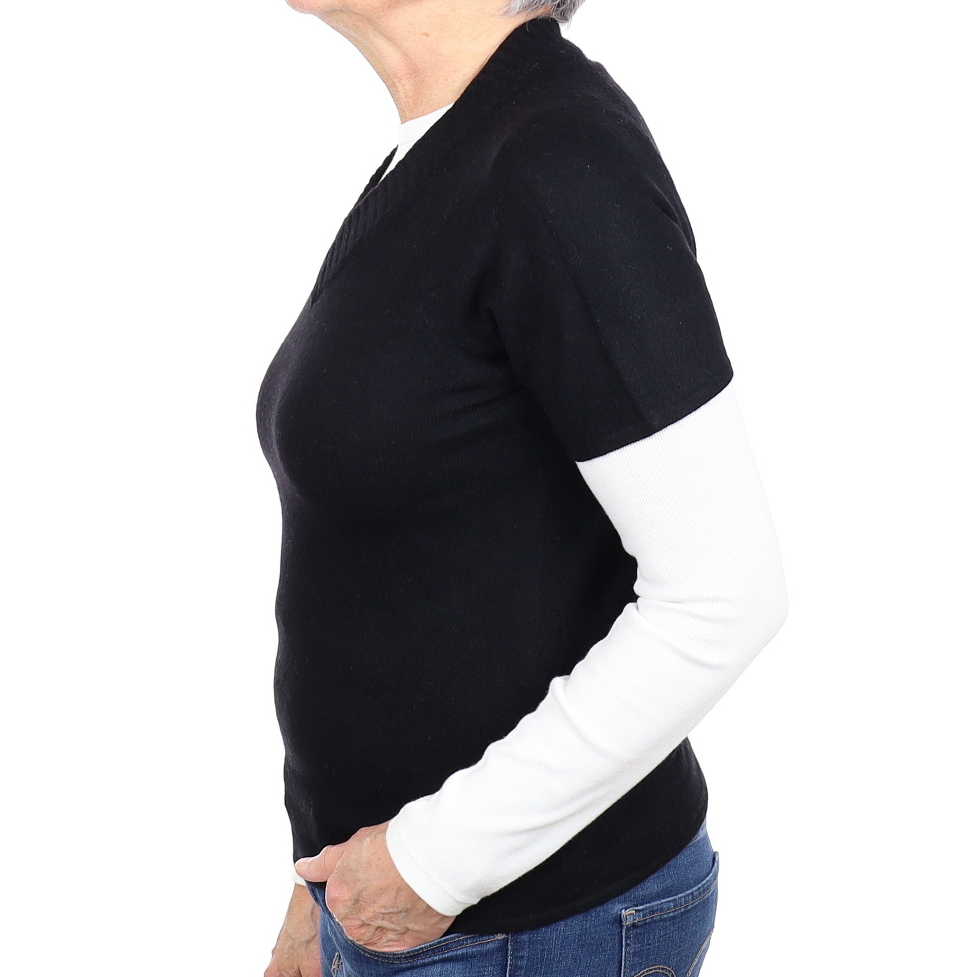 Black Cashmere Short Sleeve V Neck Jumper Medium