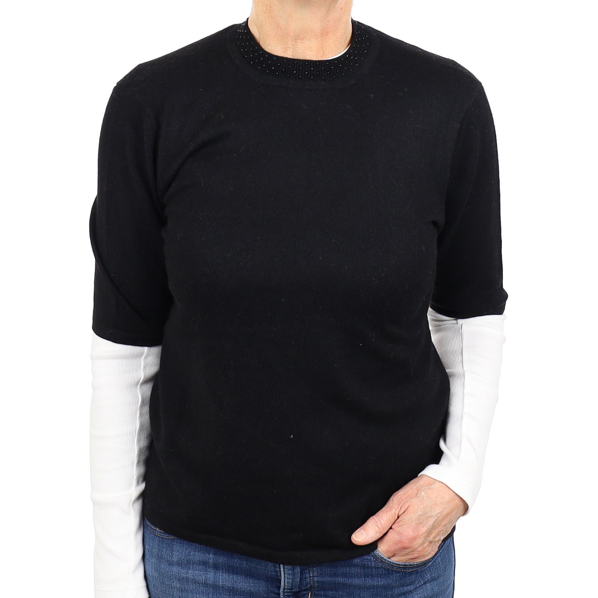 Italian Black Cashmere Short Sleeve Beaded Crew Neck Jumper Medium