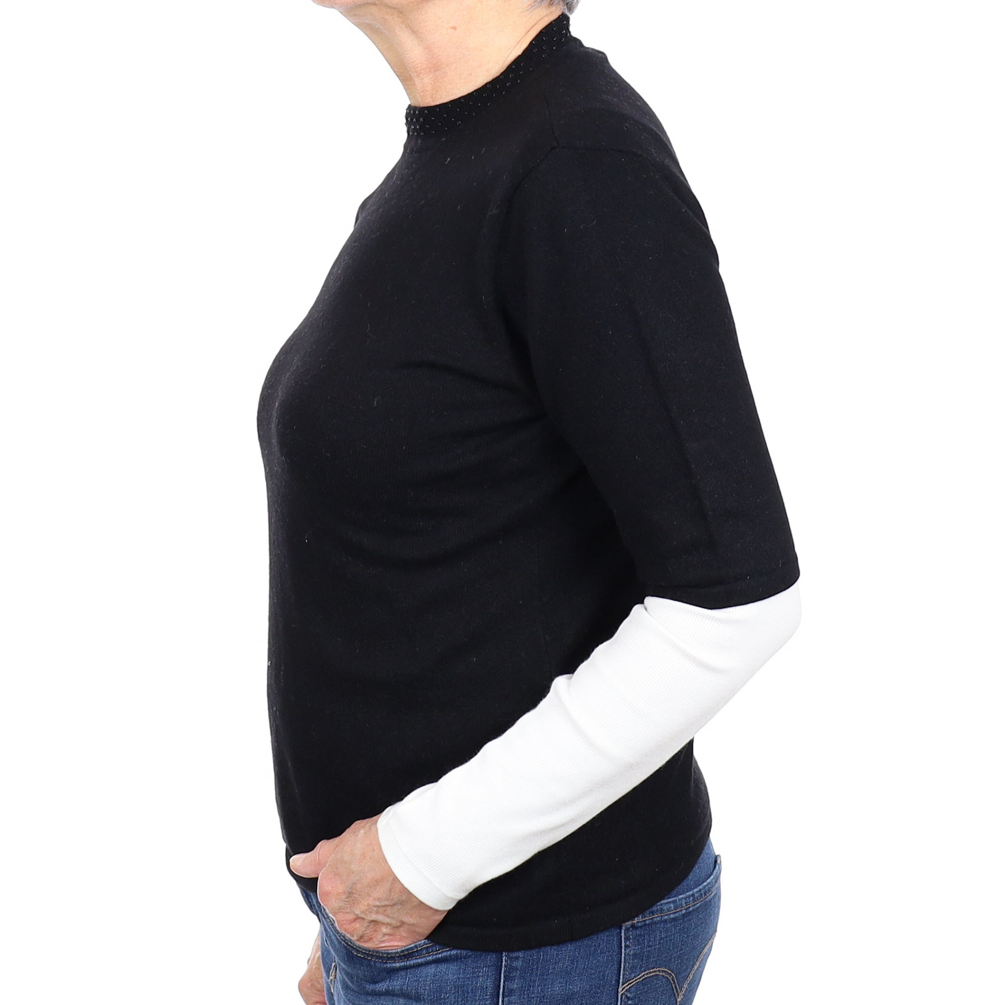 Italian Black Cashmere Short Sleeve Beaded Crew Neck Jumper Medium