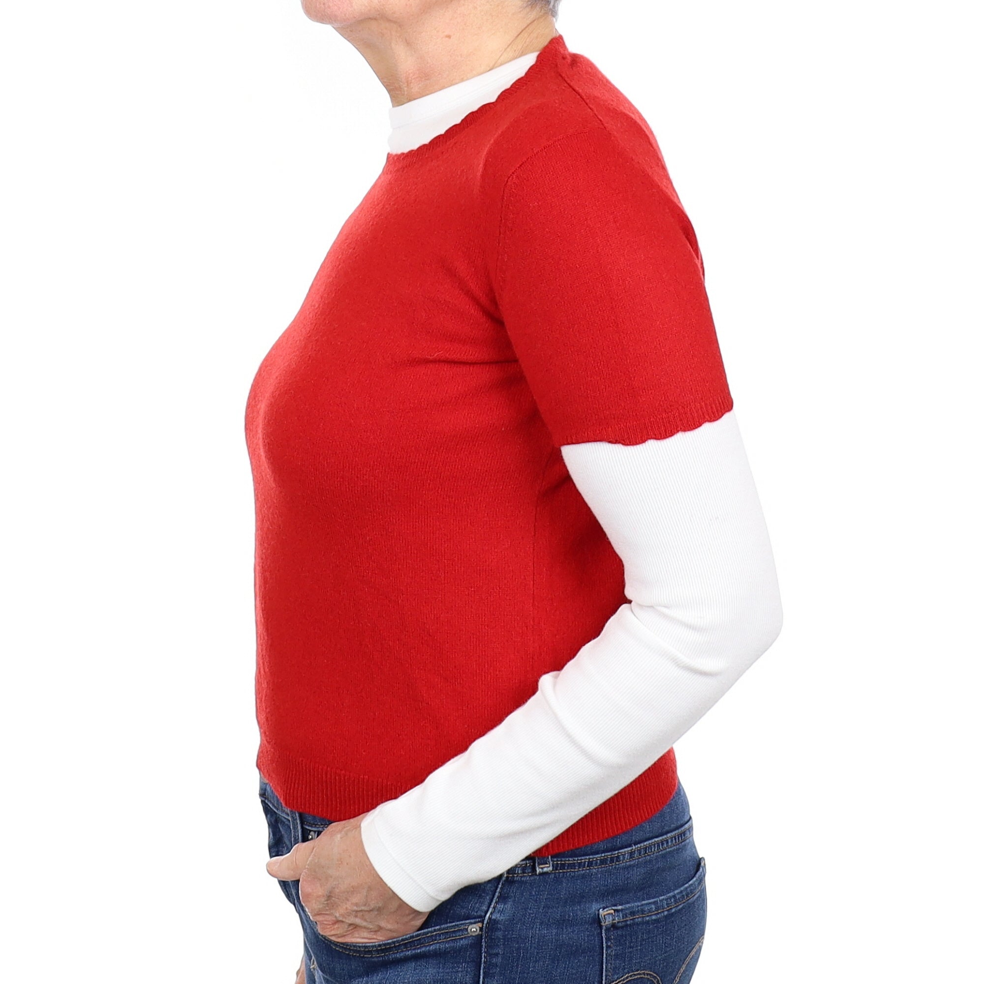 Berry Red Cashmere Short Sleeved Crew Neck Jumper Medium