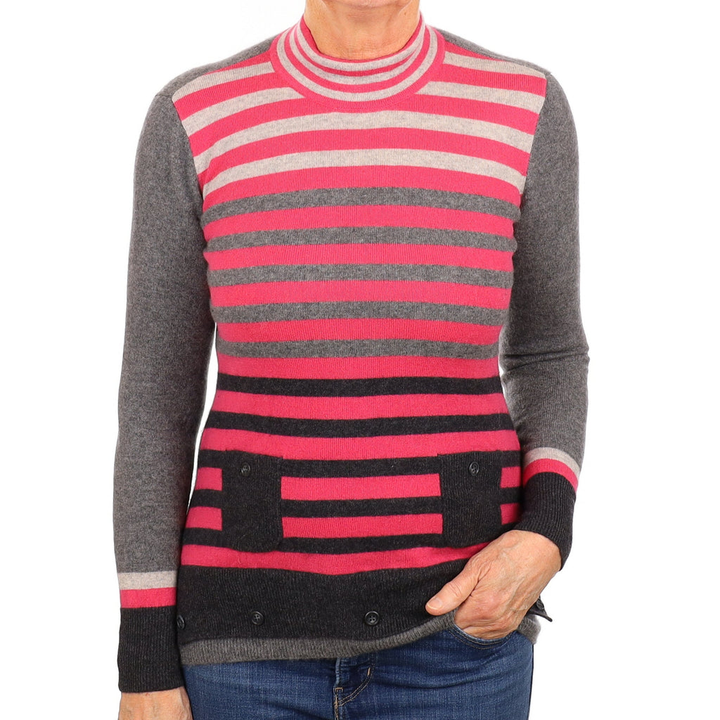 Grey and Pink Stripe Cashmere Turtleneck Jumper Medium