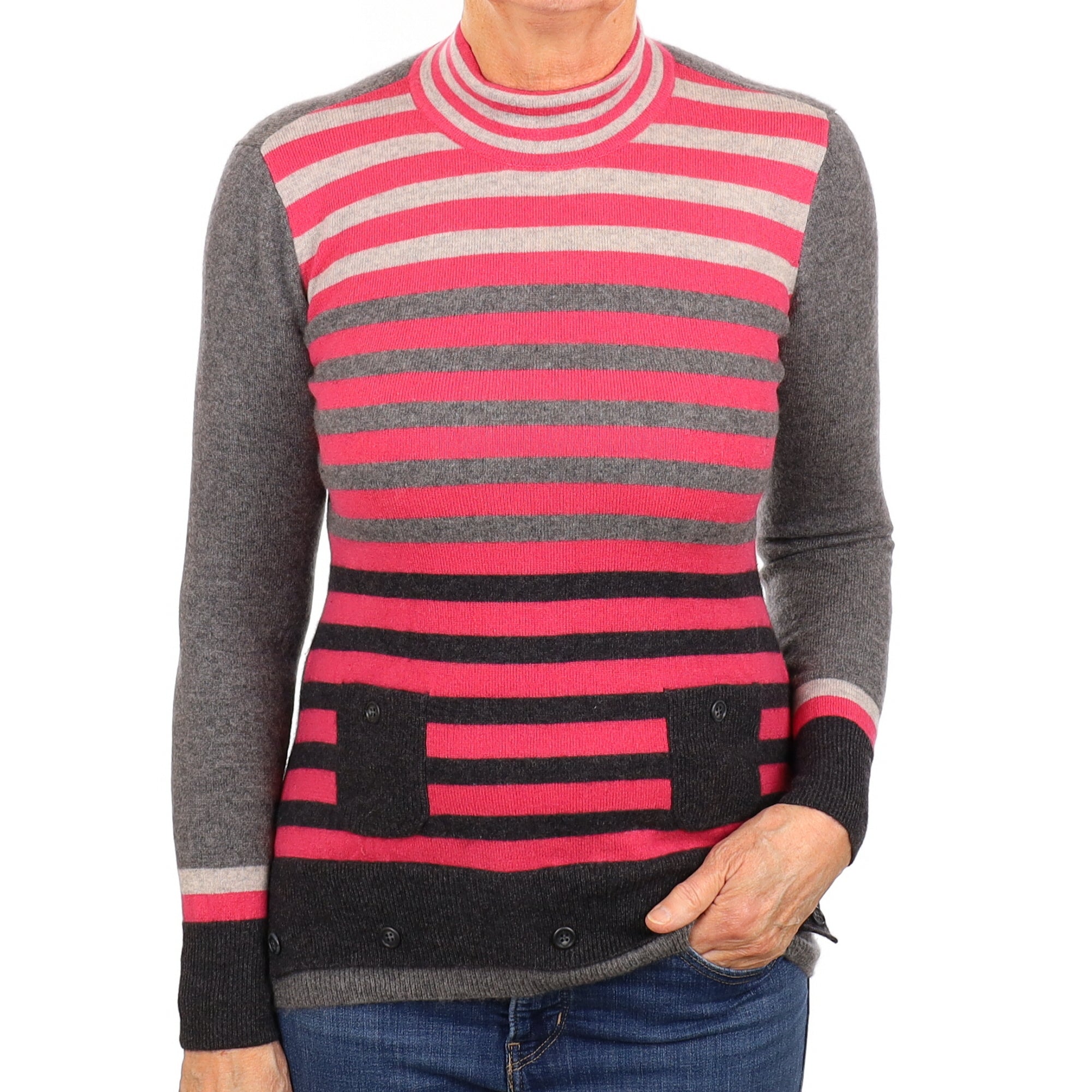 Grey and Pink Stripe Cashmere Turtleneck Jumper Medium