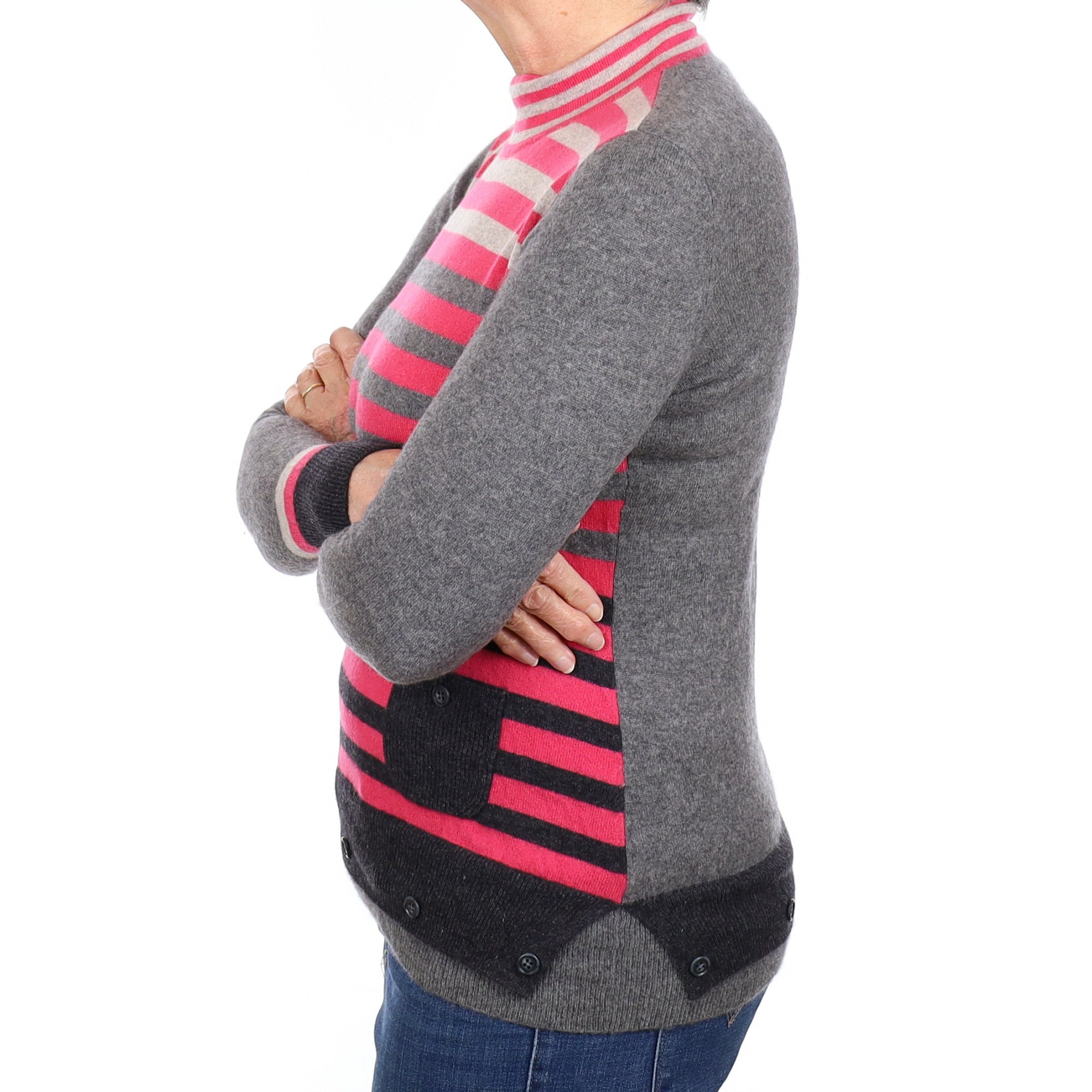 Grey and Pink Stripe Cashmere Turtleneck Jumper Medium