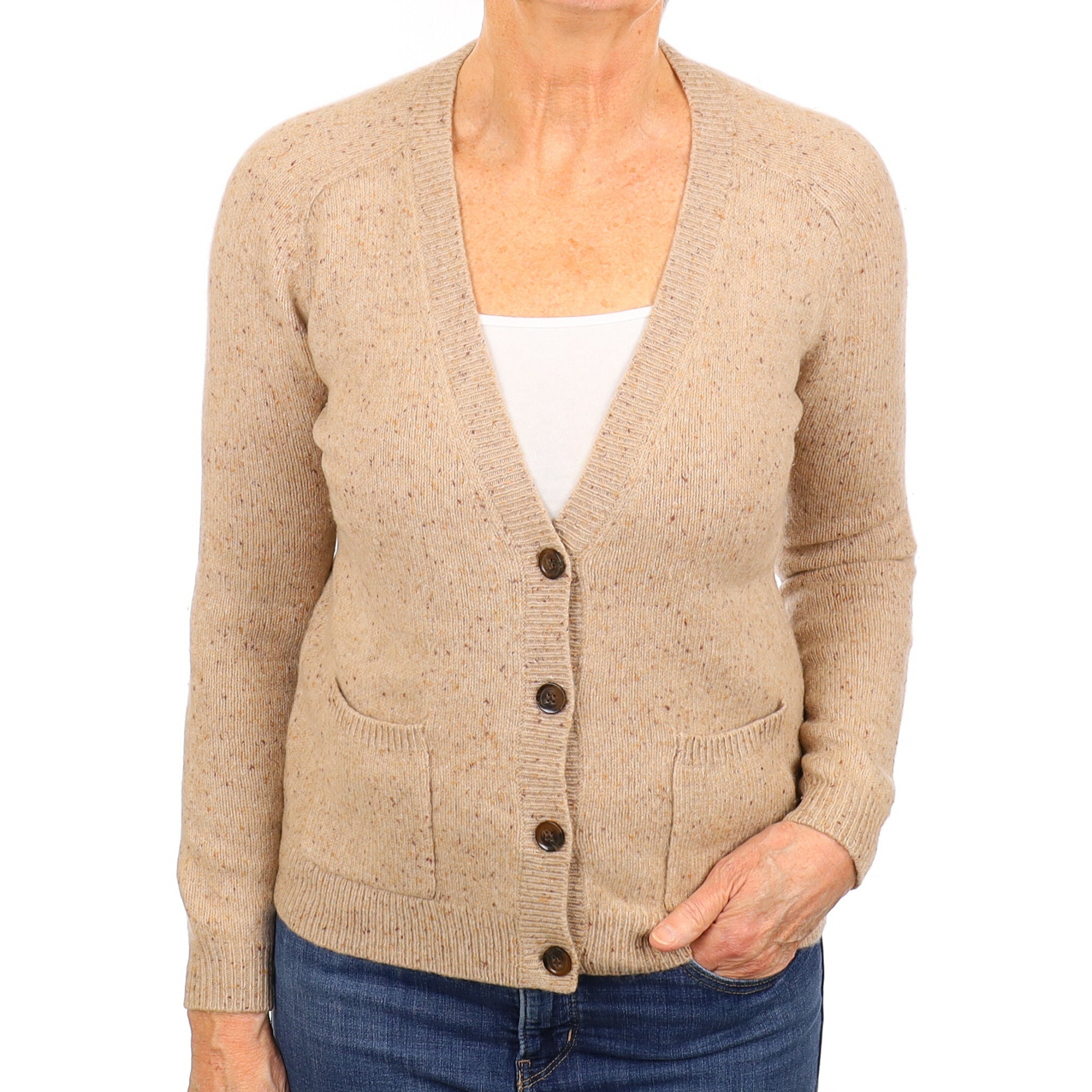 Biscuit Flecked Cashmere V Neck Cardigan with Pockets Medium