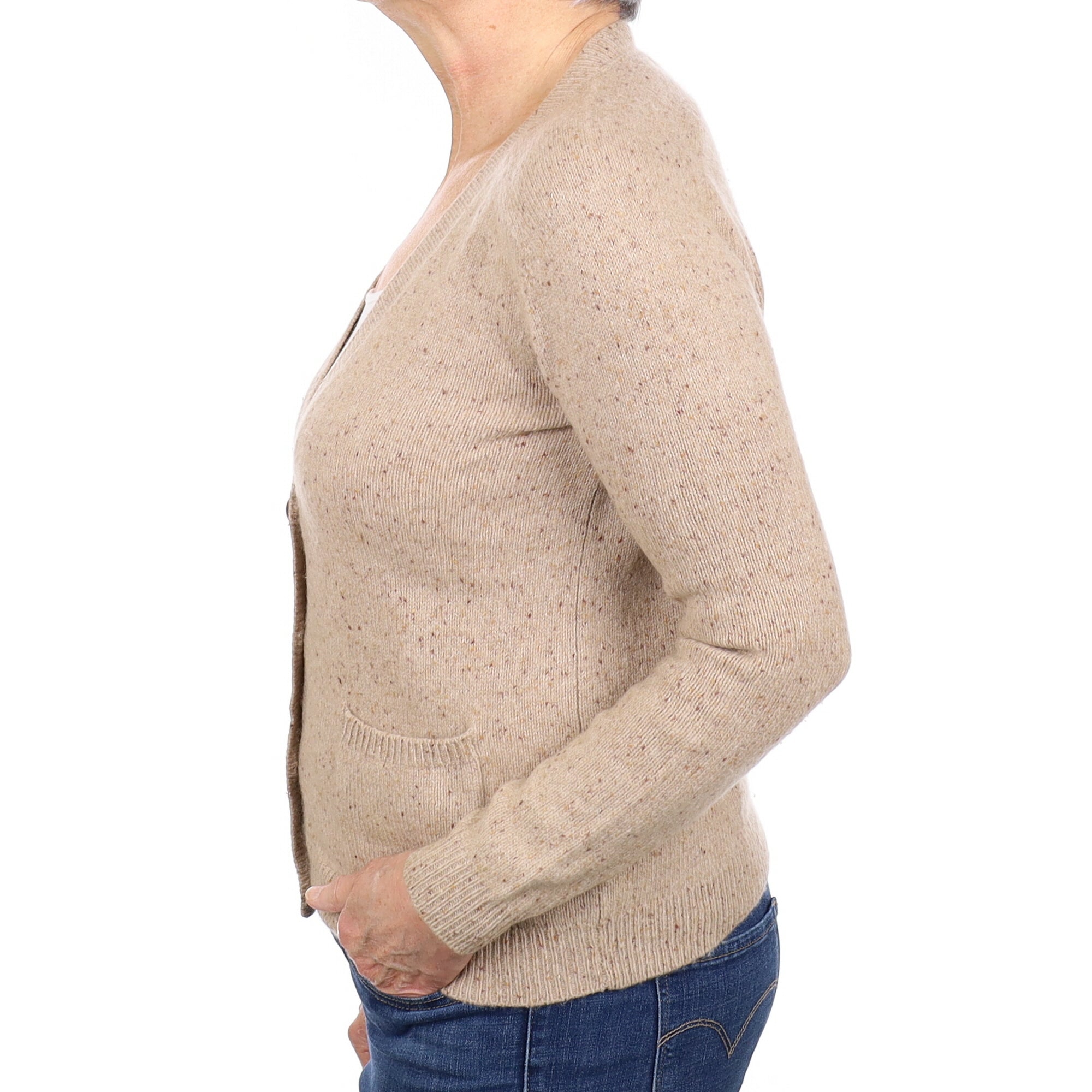Biscuit Flecked Cashmere V Neck Cardigan with Pockets Medium