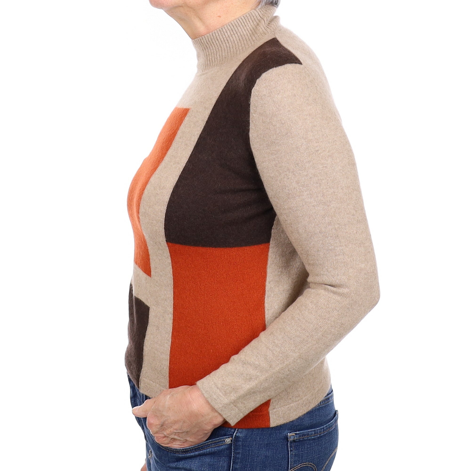 Taupe Patterned Cashmere Turtleneck Jumper Medium