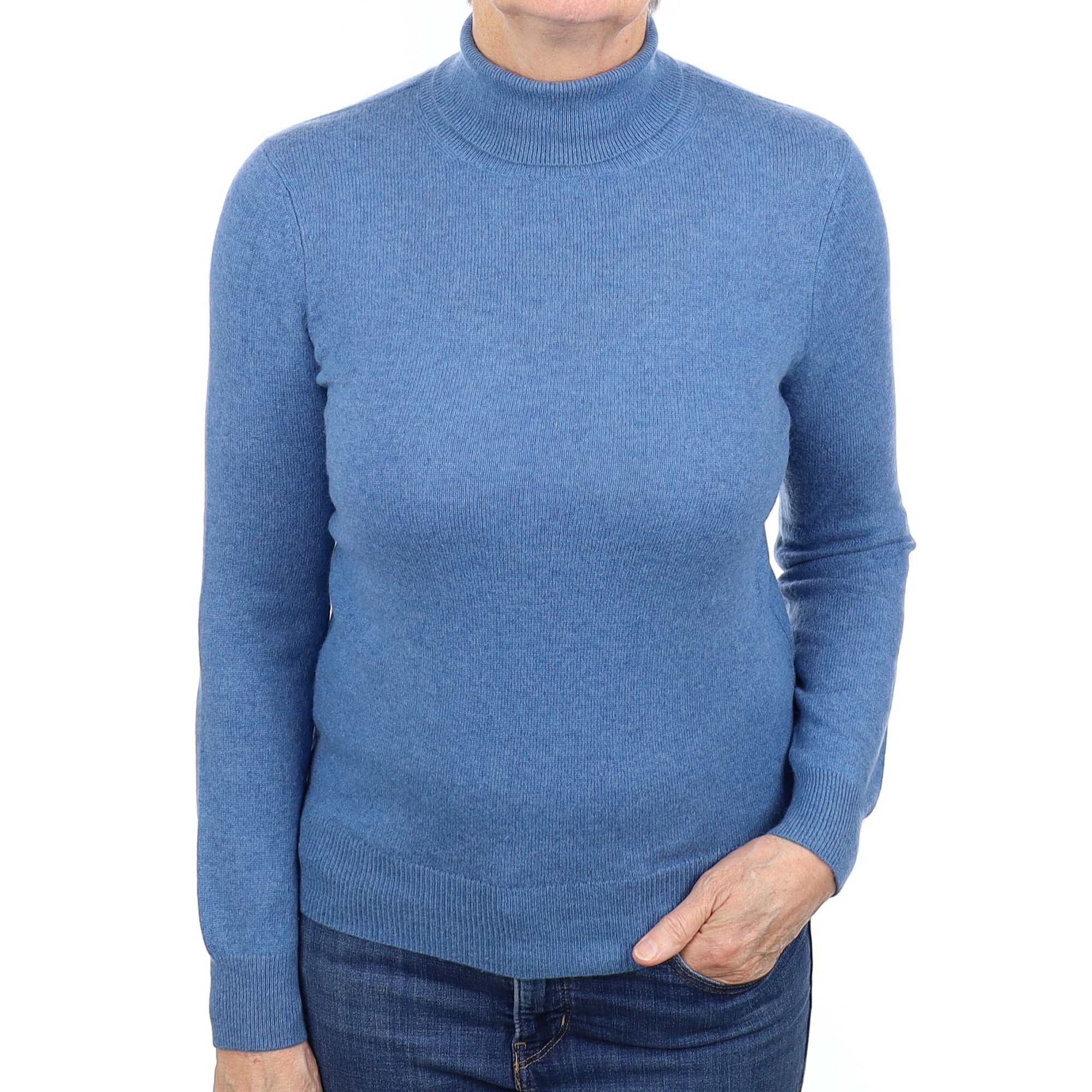 Denim Blue Cashmere Polo Neck Jumper Medium