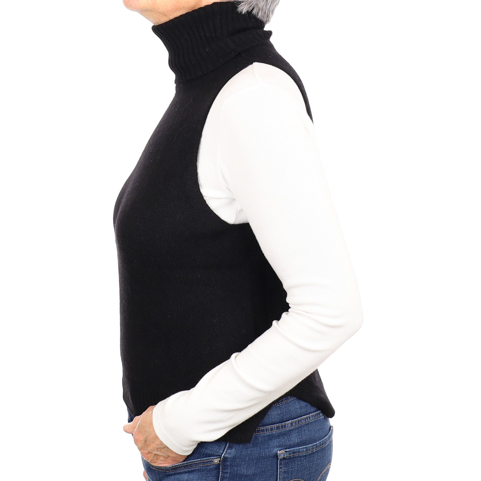 Black Cashmere Sleeveless Polo Neck Jumper Medium