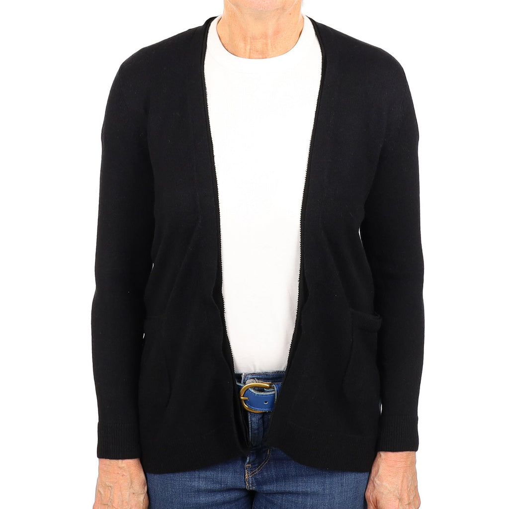 Black Cashmere Chiffon Trim Edge to Edge Cardigan Medium