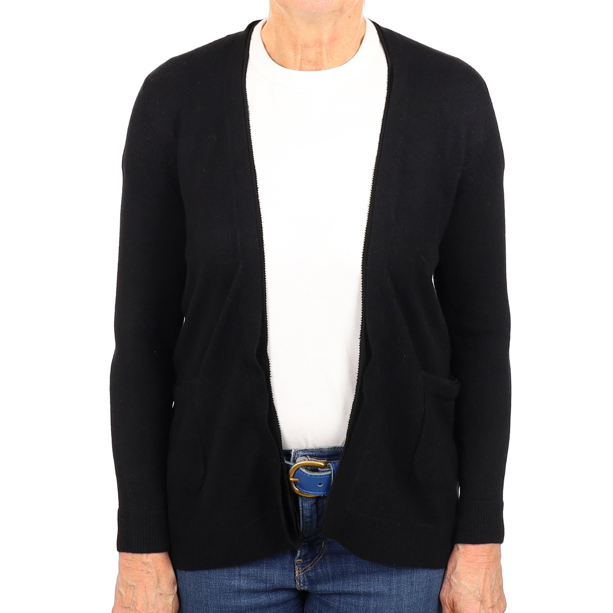 Black Cashmere Chiffon Trim Edge to Edge Cardigan Medium