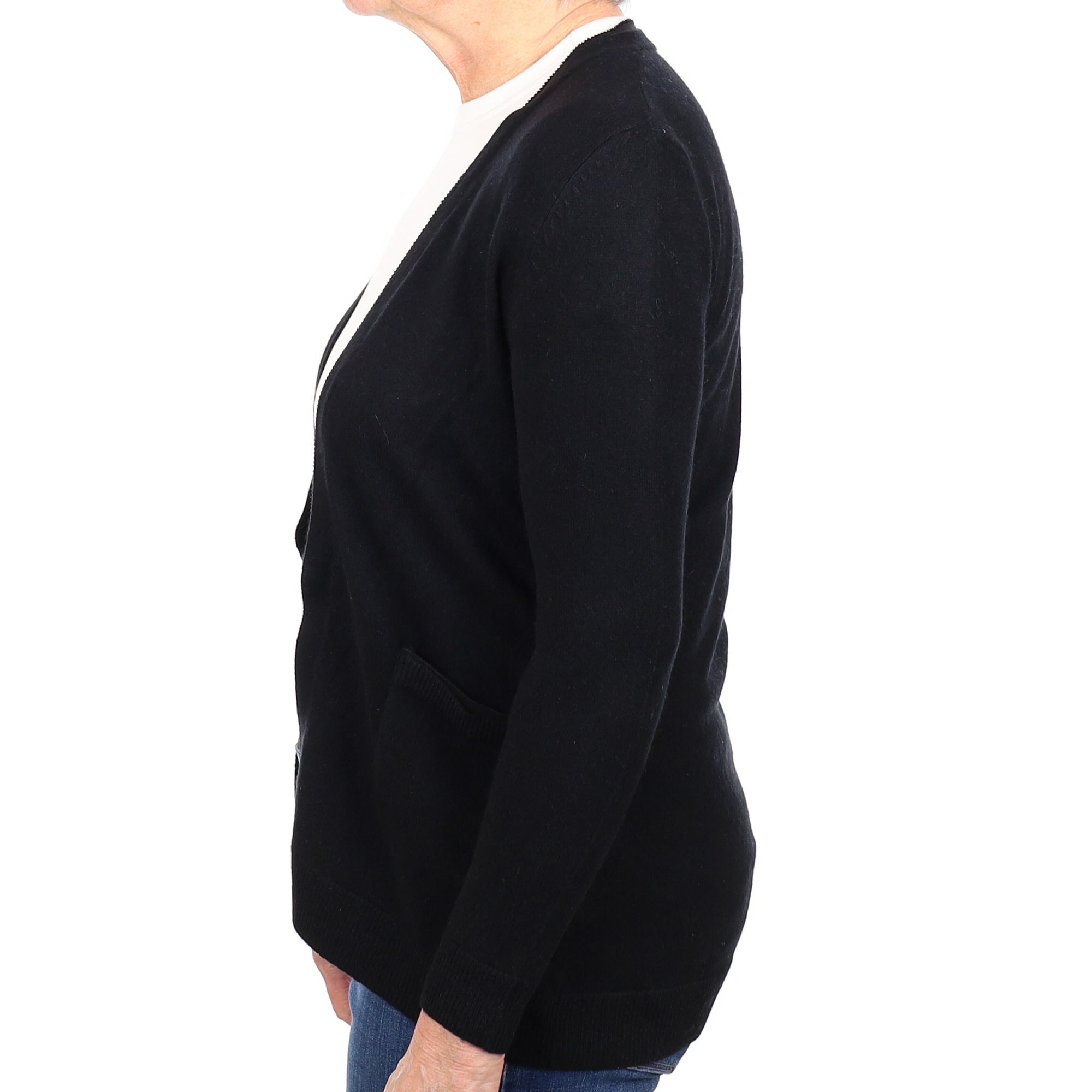 Black Cashmere Chiffon Trim Edge to Edge Cardigan Medium