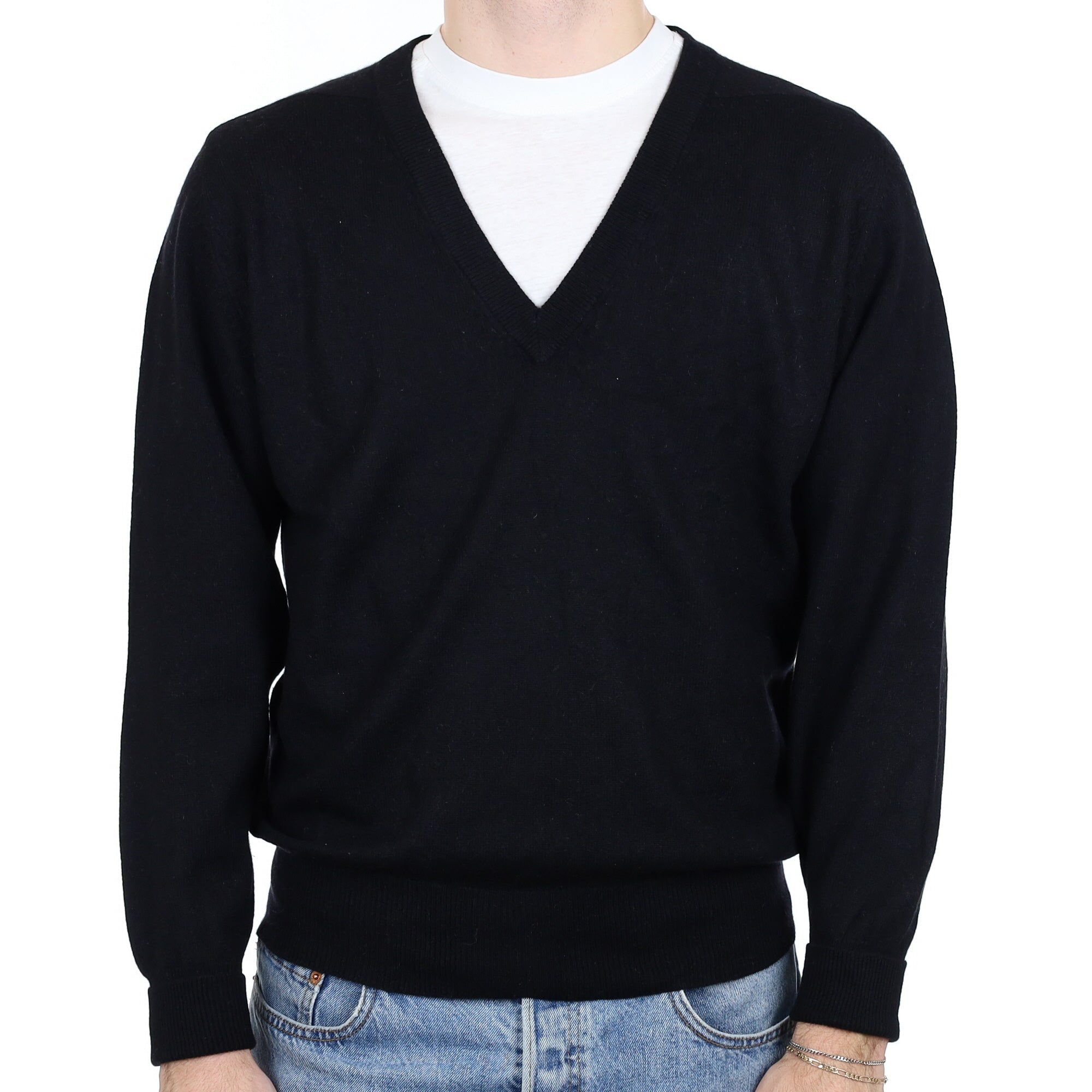 Men's Black Cashmere V Neck Jumper Large