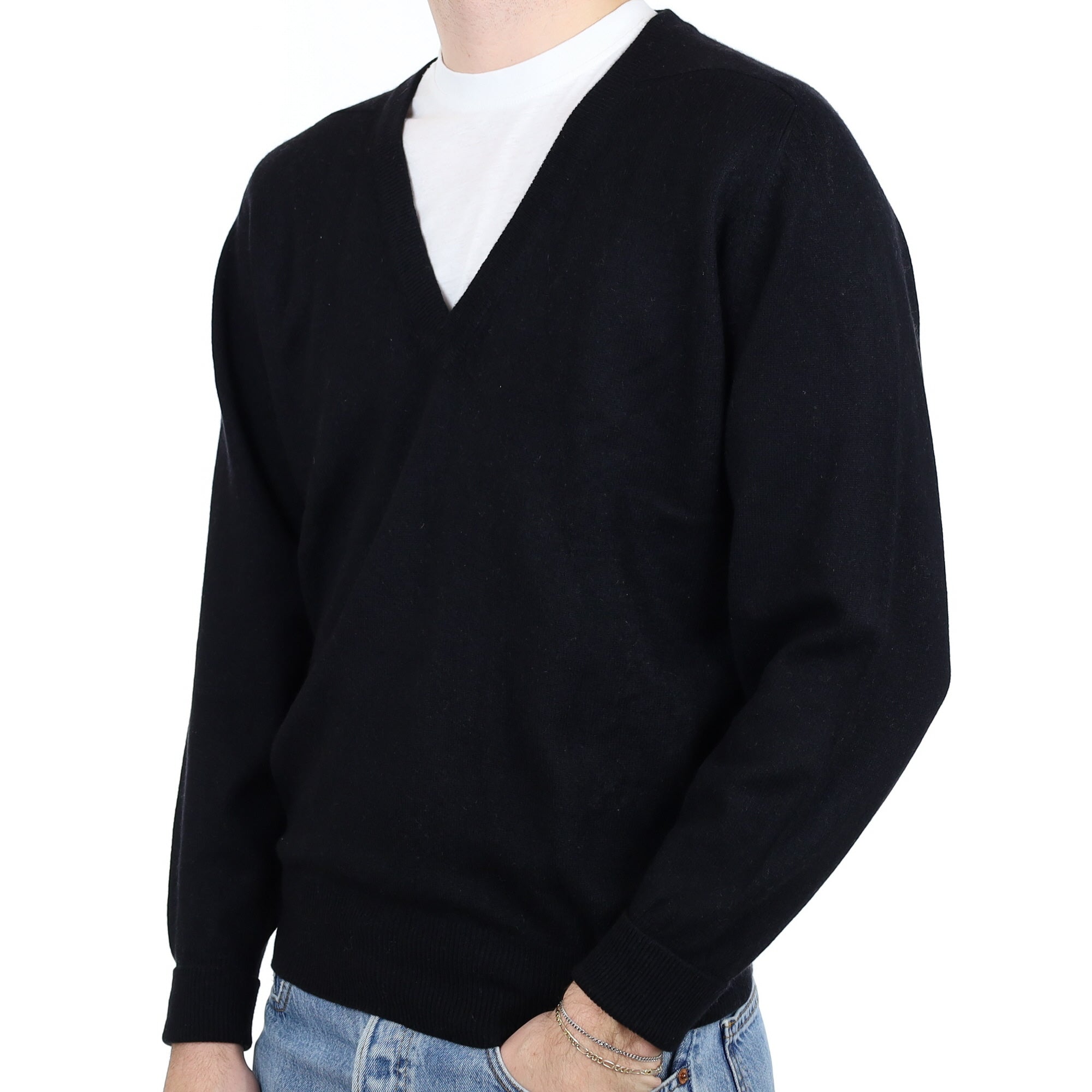 Men's Black Cashmere V Neck Jumper Large