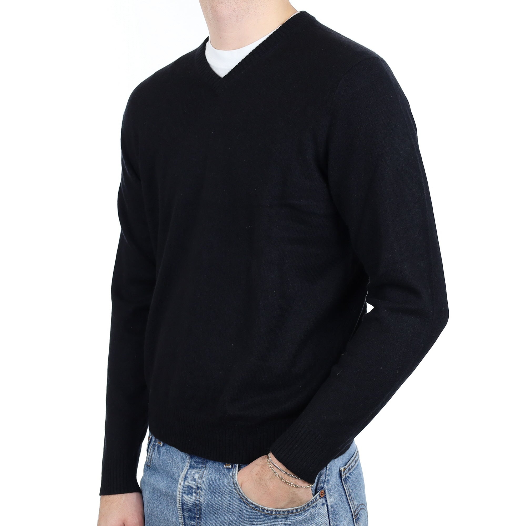 Men's Black Cashmere V Neck Jumper Large
