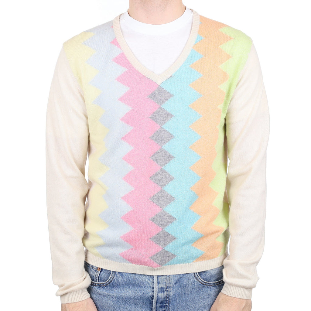 Men's Oatmeal Colourful Patterned Cashmere V Neck Jumper Large