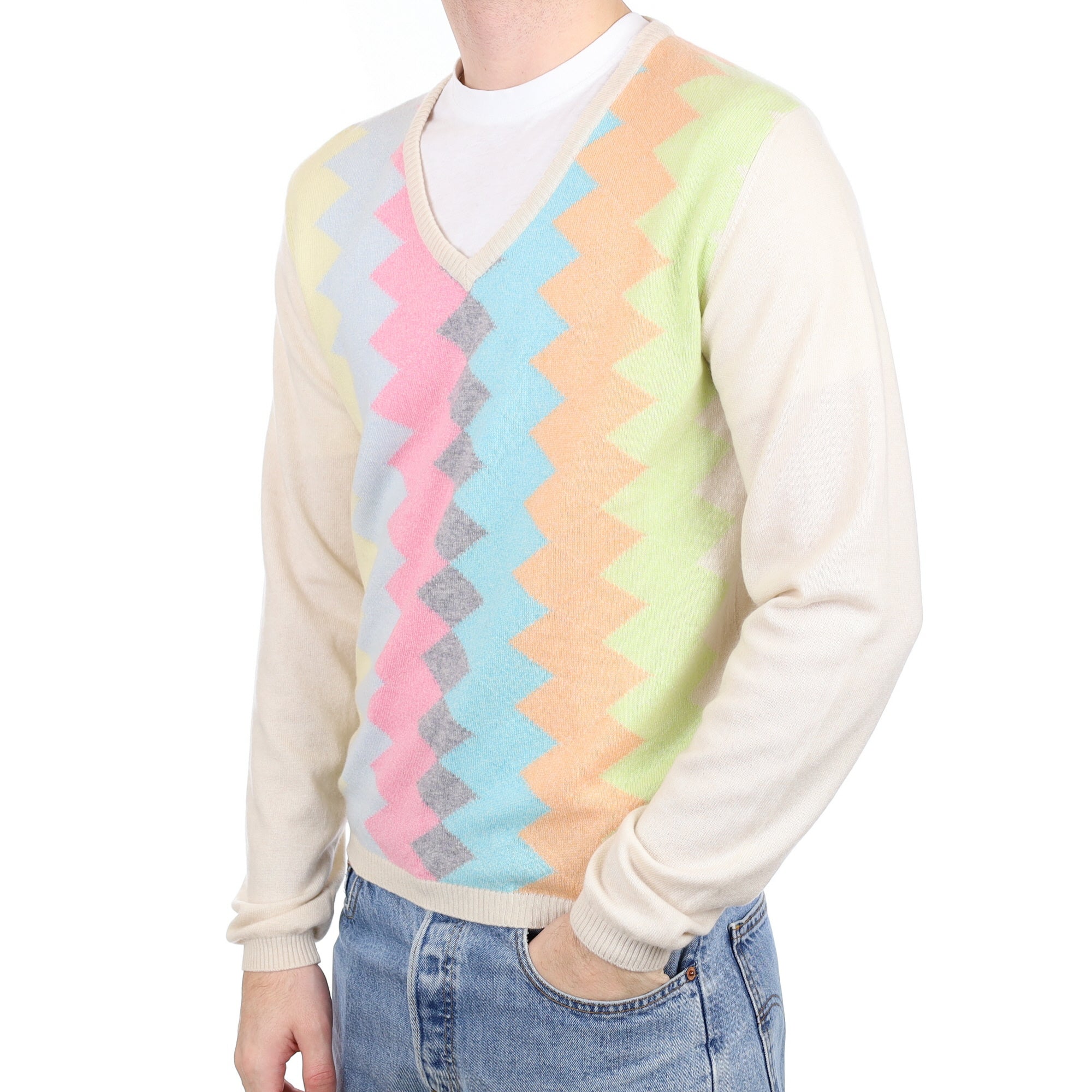 Men's Oatmeal Colourful Patterned Cashmere V Neck Jumper Large