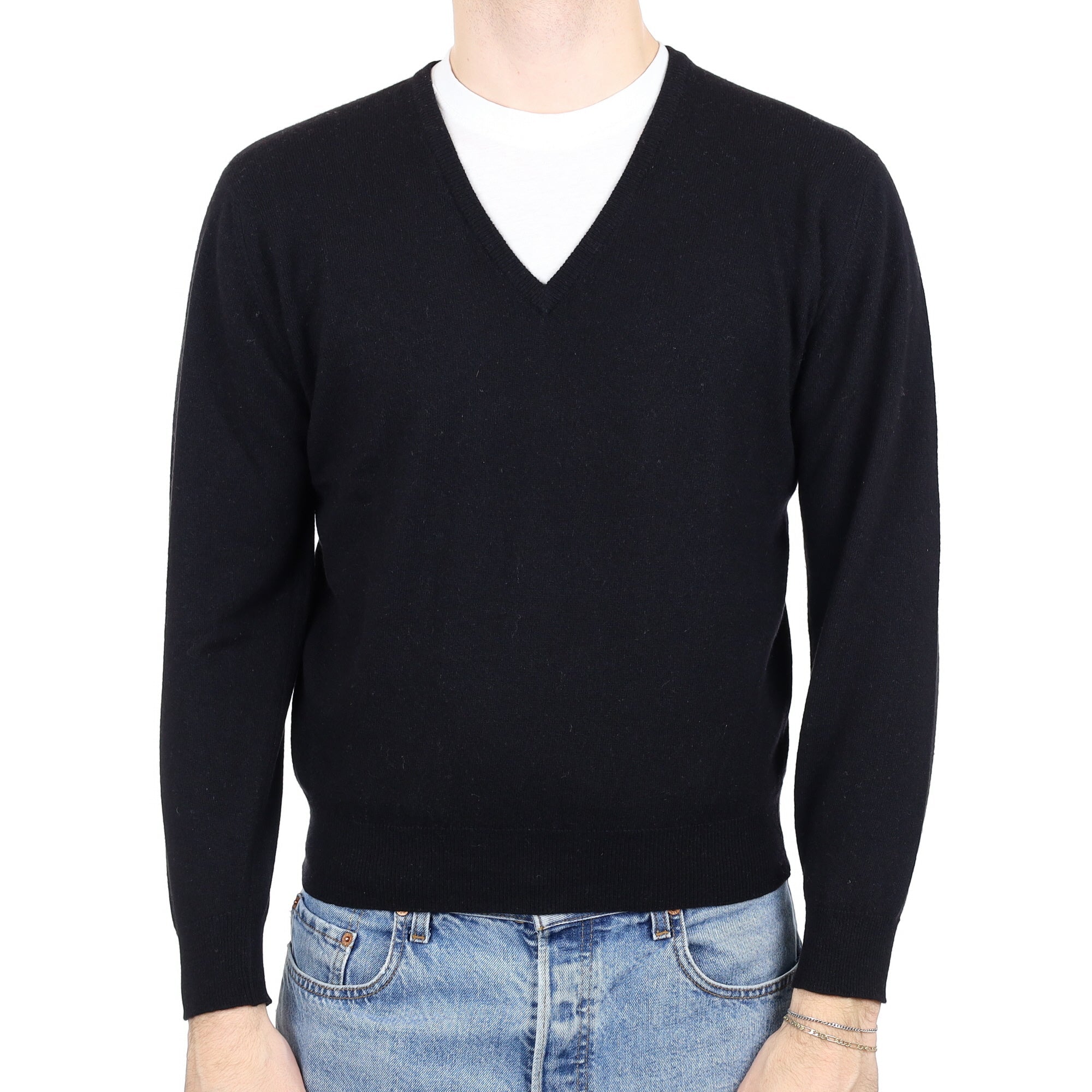 Men's Vintage Pringle Black Cashmere V Neck Jumper Large