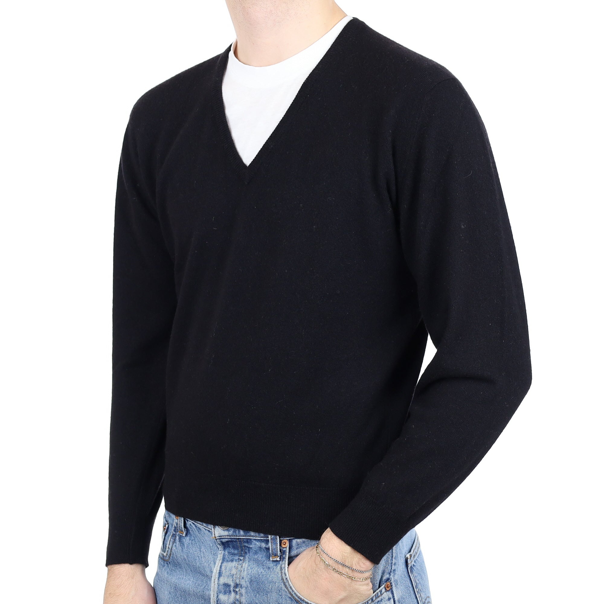 Men's Vintage Pringle Black Cashmere V Neck Jumper Large