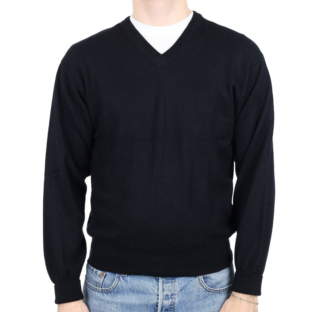 Men's Black Cashmere V Neck Jumper Medium