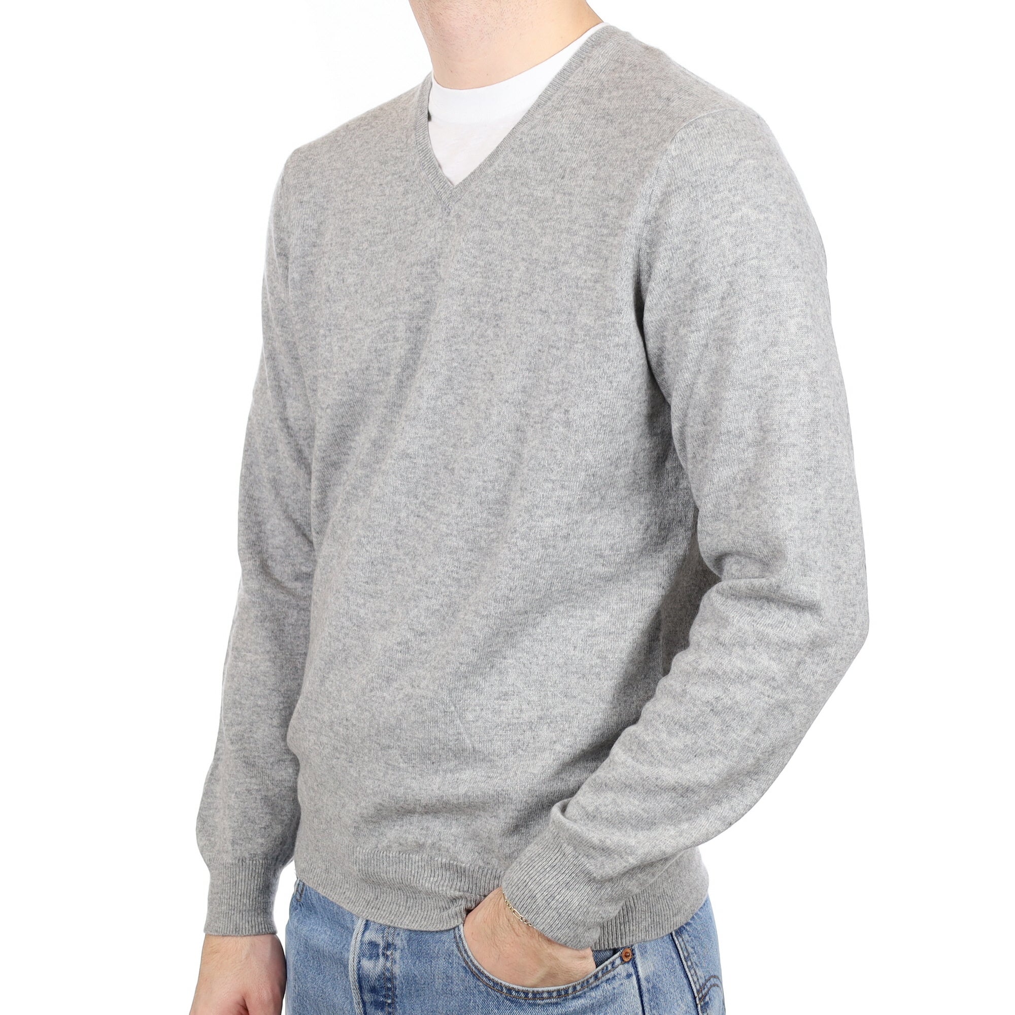 Men's Smoke Grey Cashmere V Neck Jumper Large